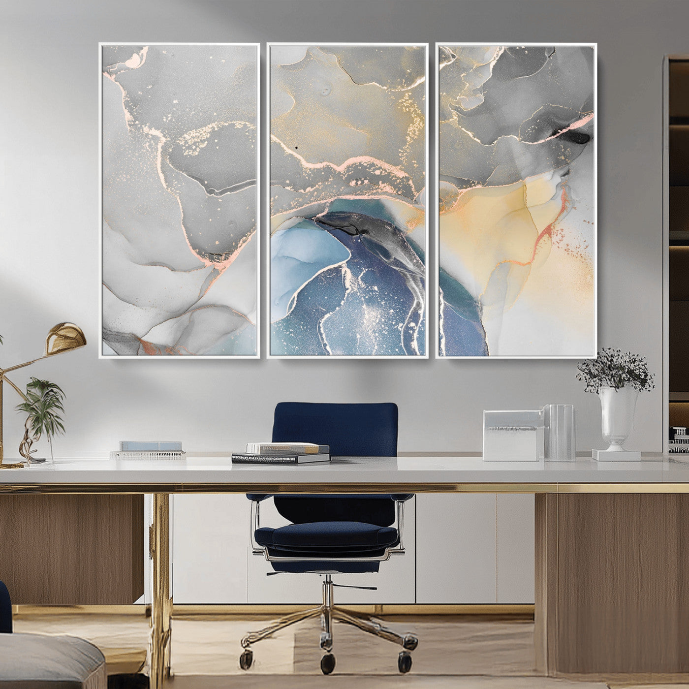 63211-MGV-CV-36X24-Abstract Fluid Art Wall Decor – Blue, Gray & Gold Canvas Print, Modern Home and Office Wall Art Decor for Living Room, Bedroom or