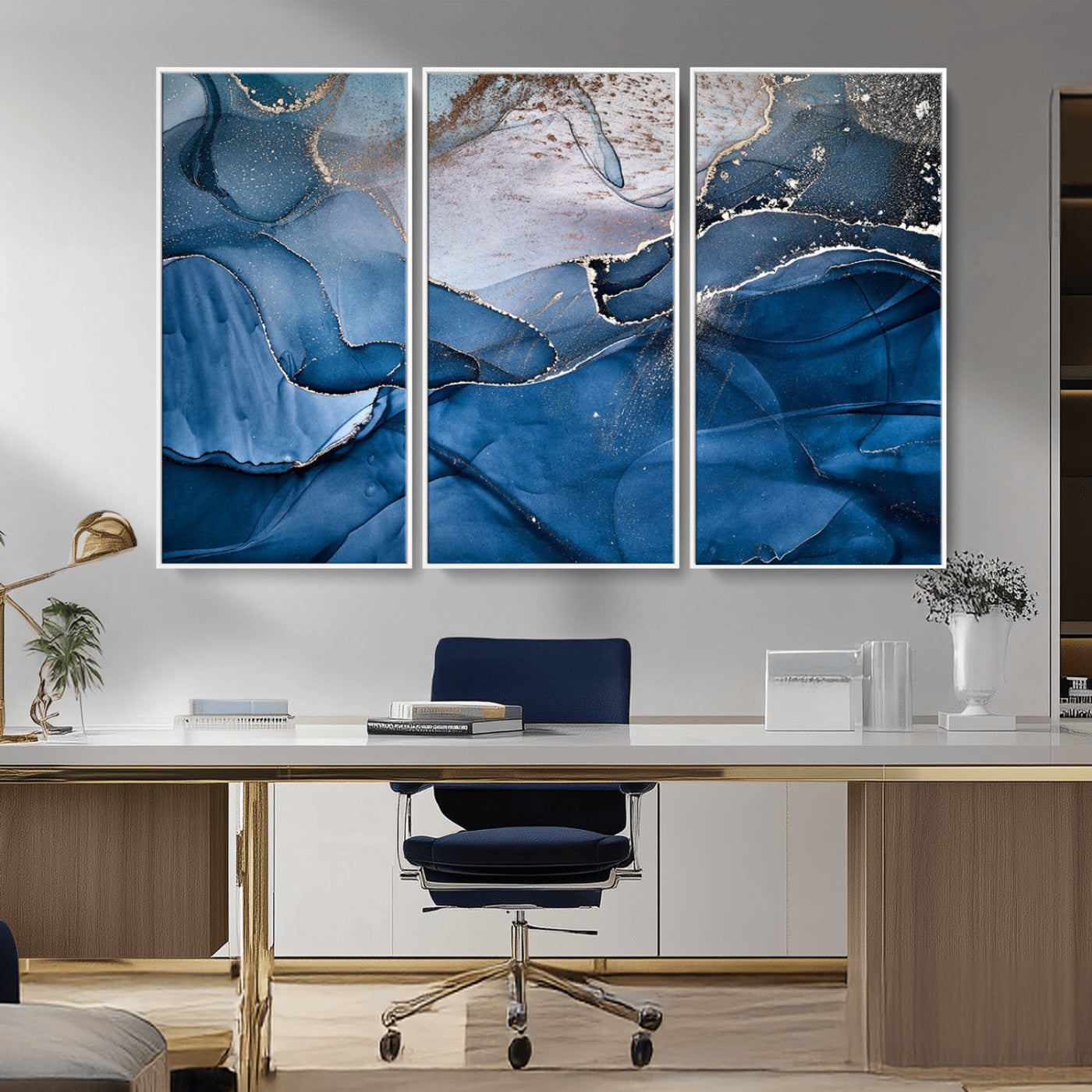 27810-MGV-FC-48X32-3P_White-Abstract Blue Gold Fluid Art Wall – Modern Canvas Print, Elegant Home & Office Wall Art, Stylish Living Room or Bedroom Decor