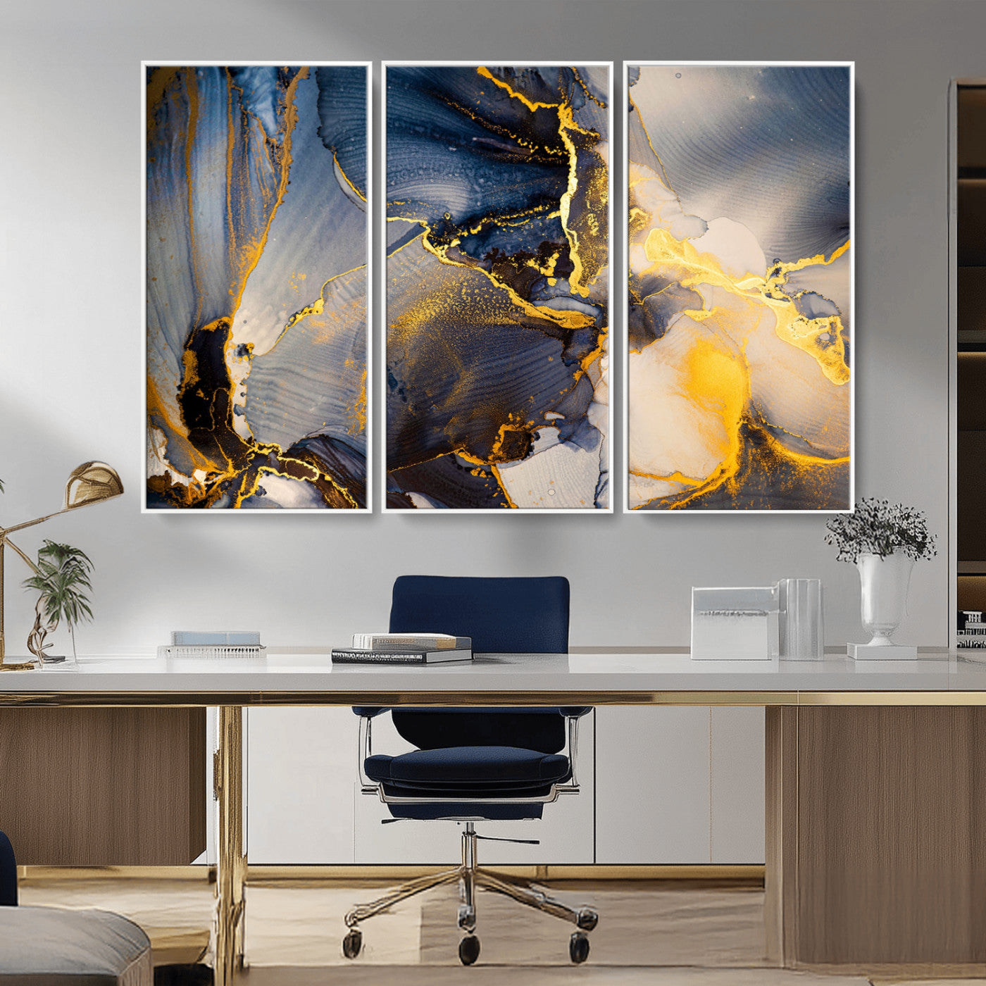 42100-MGV-FC-48X32-3P_White-Golden Flow Abstract Wall Art – Panoramic Modern Blue and Gold Canvas Print, Contemporary Artistic Decor for Home, Office