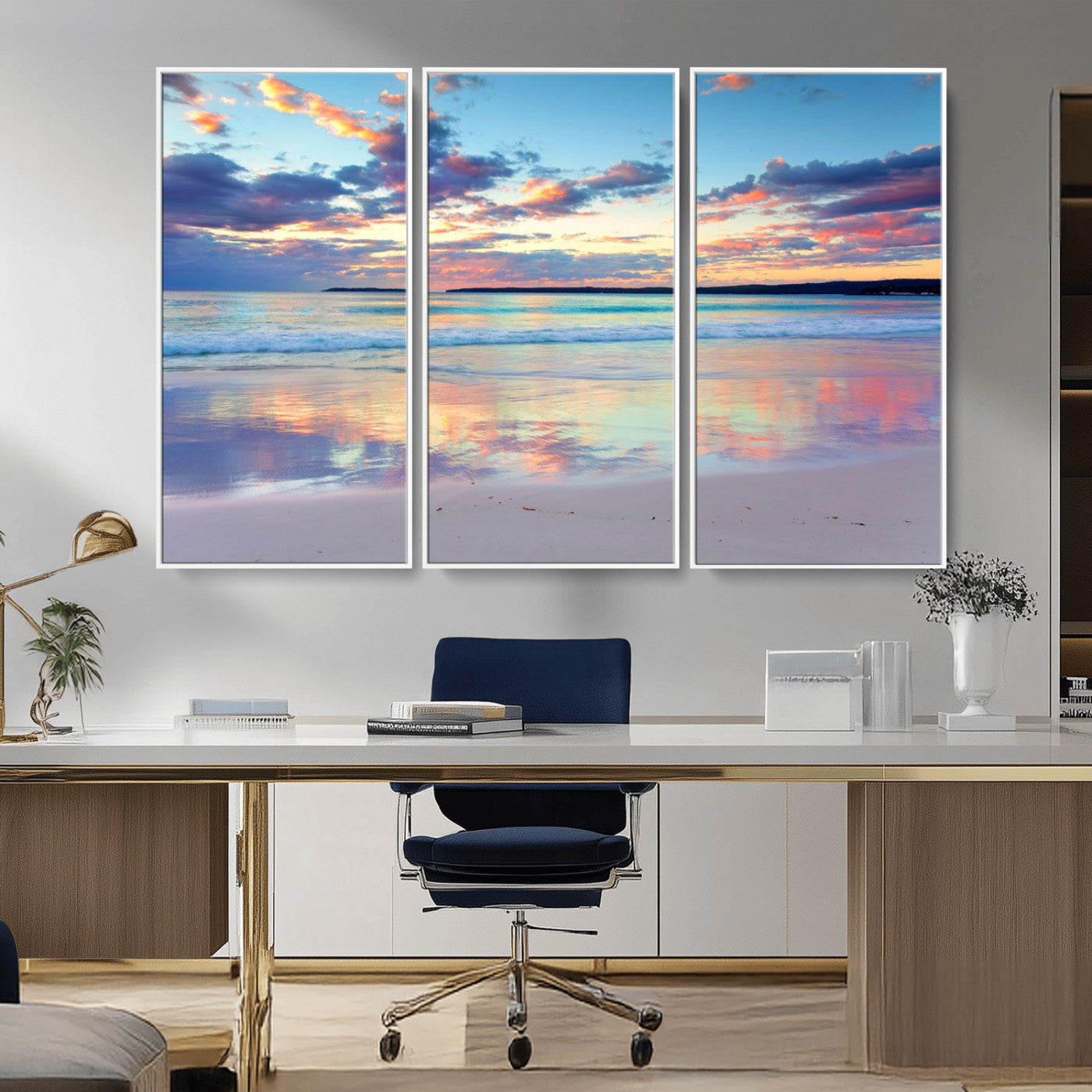 64882-MGV-CV-36X24-Tranquil Sunset Beach Wall Art – Panoramic Ocean Reflection Canvas Print, Calm Coastal Decor for Bedroom, Living Room or Office
