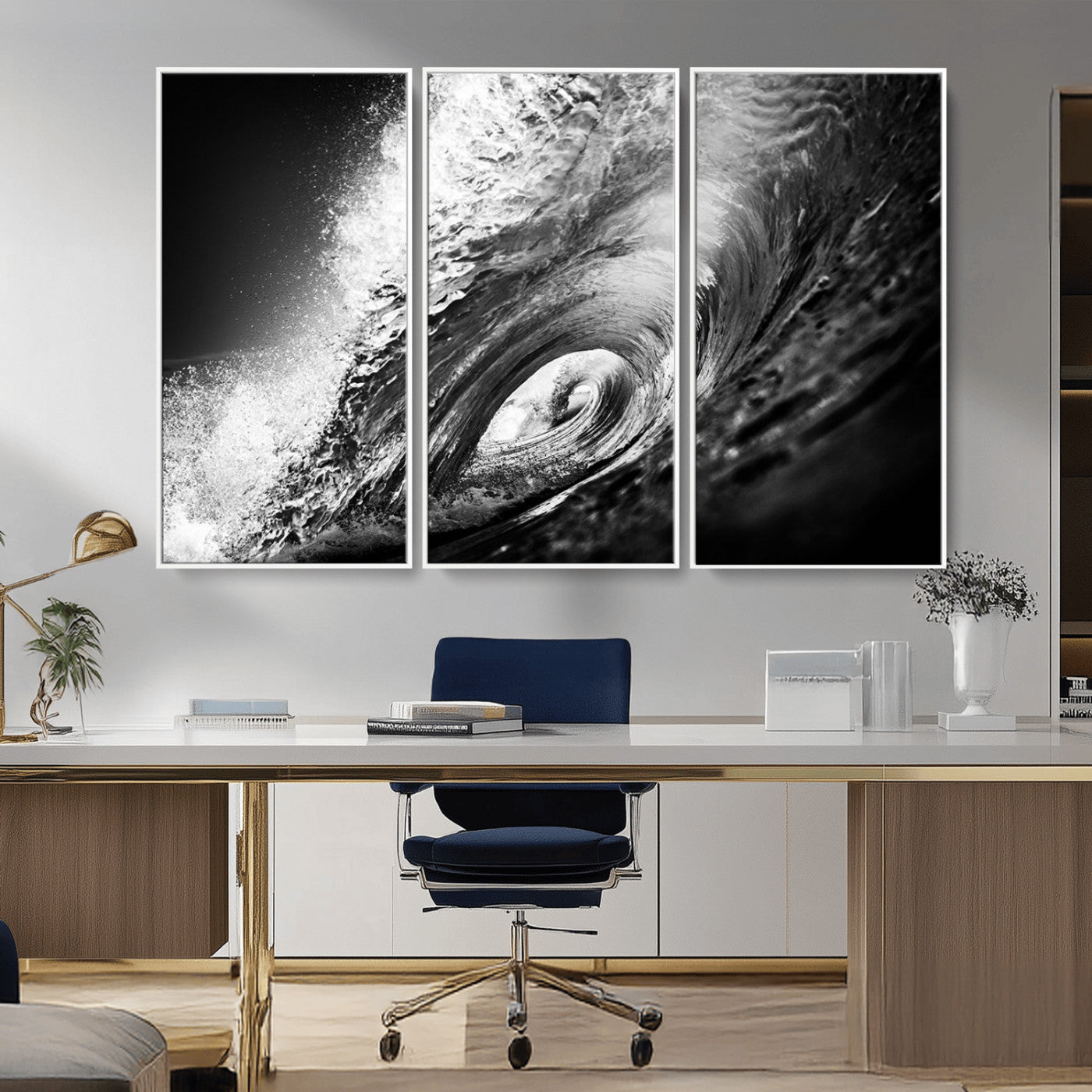 22702-MGV-CV-36X24-Black and White Ocean Wave Wall Art – Powerful Surf Curl Photography Canvas Print, Modern Coastal Decor for Living Room, Office or