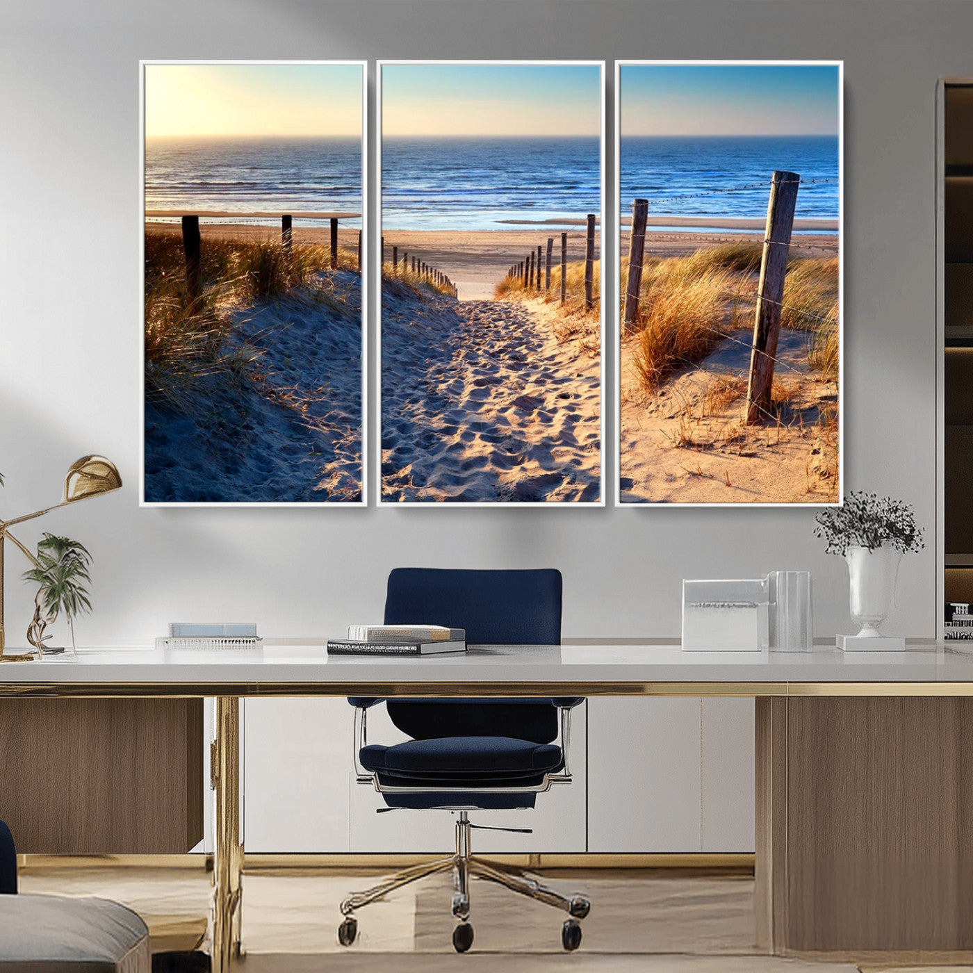 31889-MGV-CV-36X24-Sandy Beach Pathway Wall Art – Coastal Dune Fence and Ocean View Canvas Print, Relaxing Seaside Landscape Decor for Living Room or