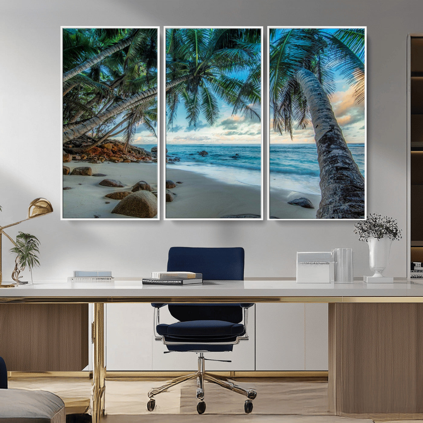 39679-MGV-CV-36X24-Tropical Palm Beach Wall Art – Serene Ocean Canvas Print with Palm Trees and Rocks, Coastal Paradise Decor for Living Room or