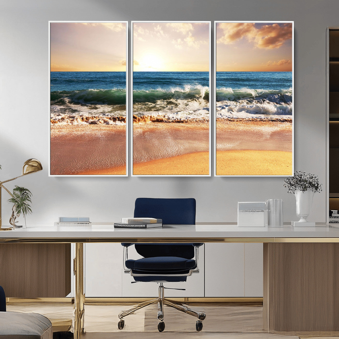 79005-MGV-CV-36X24-Golden Sunrise Ocean Waves Wall Art – Panoramic Seashore Canvas Print, Calming Coastal Decor for Home, Office or Relaxation Space