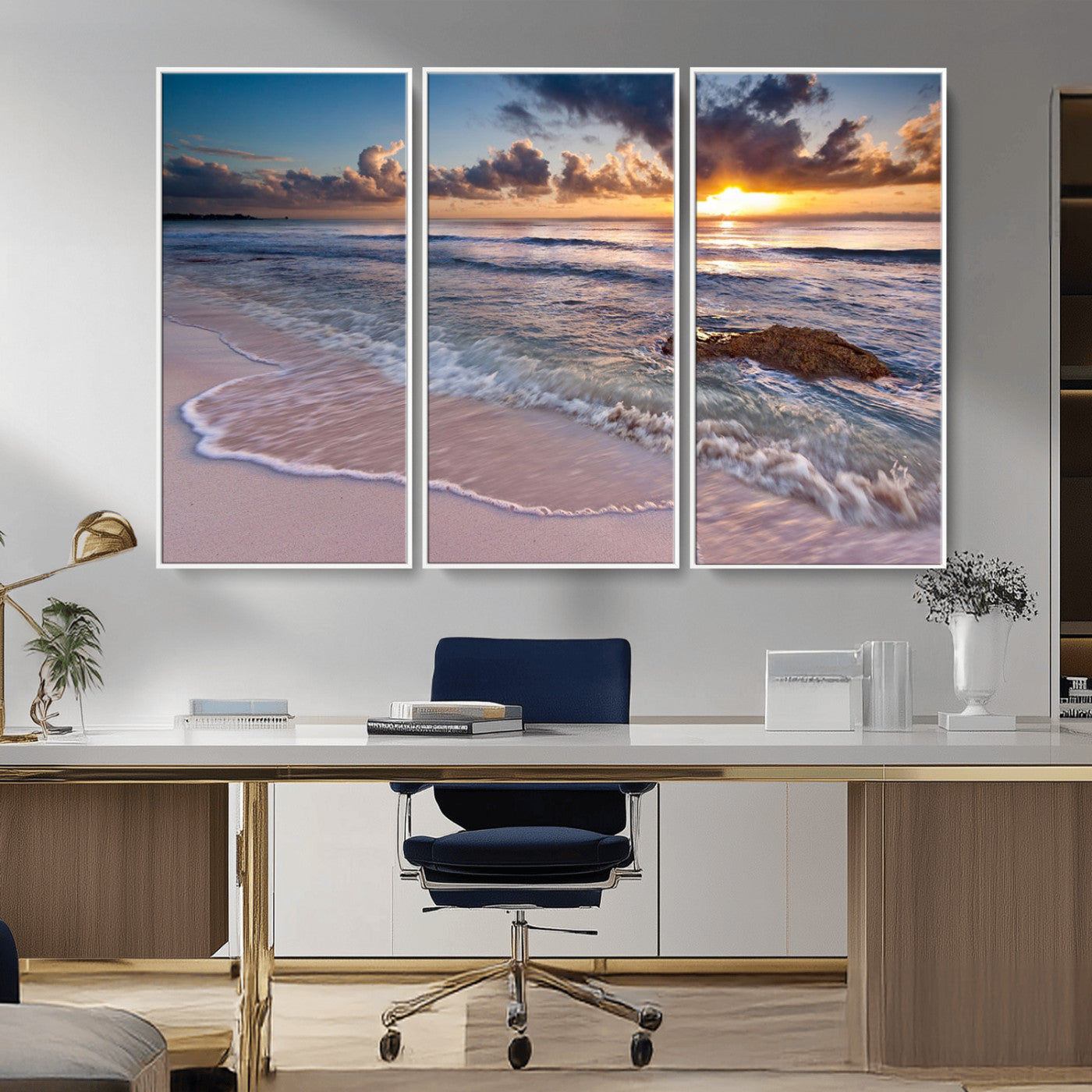 94906-MGV-CV-36X24-Sunrise Beach Wall Art – Panoramic Ocean Waves Canvas Print, Coastal Sunset Seascape Artwork for Living Room, Bedroom, or Office