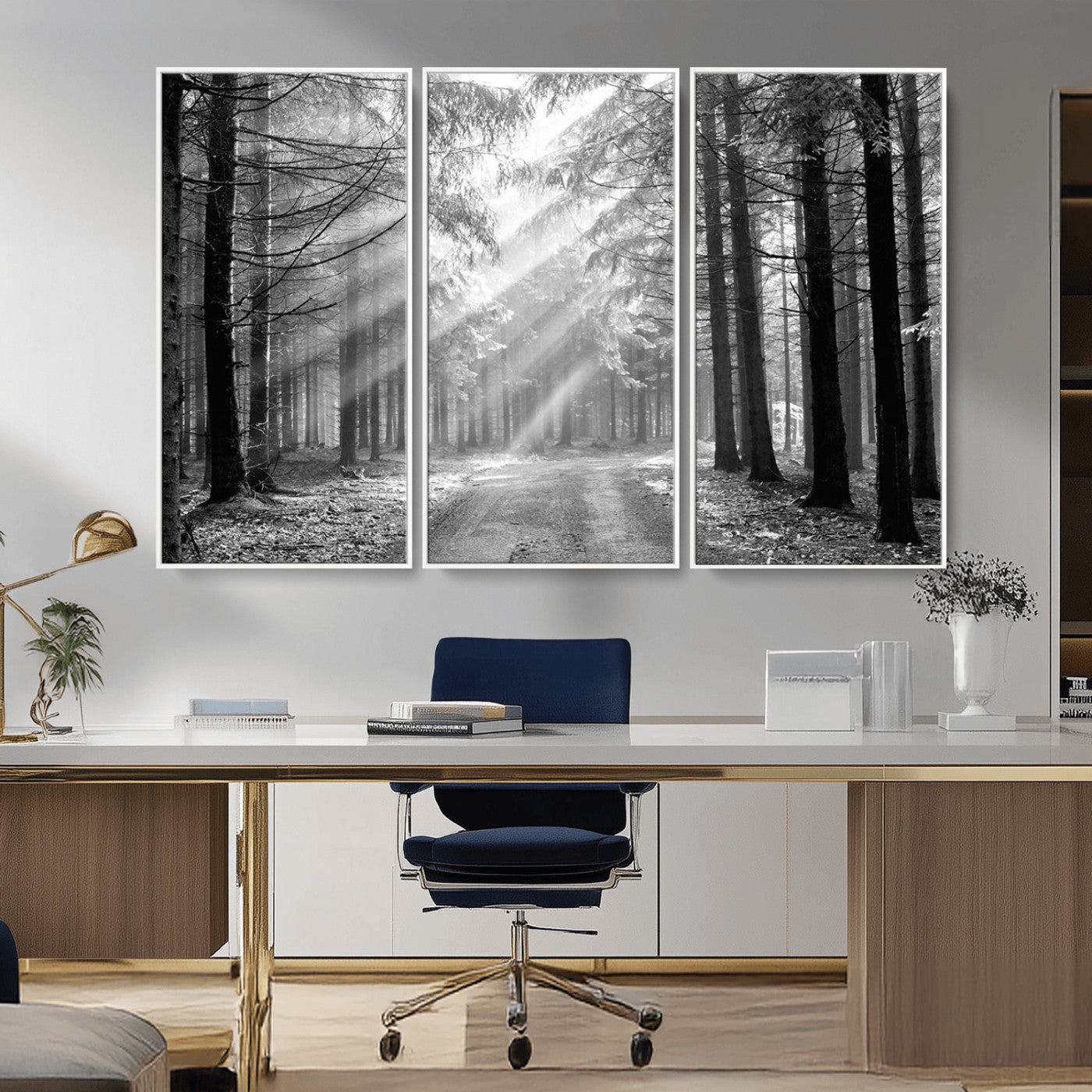 39665-MGV-FC-48X32-3P_White-Black and White Forest Path Wall Art – Sunlight Rays in Trees Canvas Print, Nature Landscape Decor for Living Room or Office