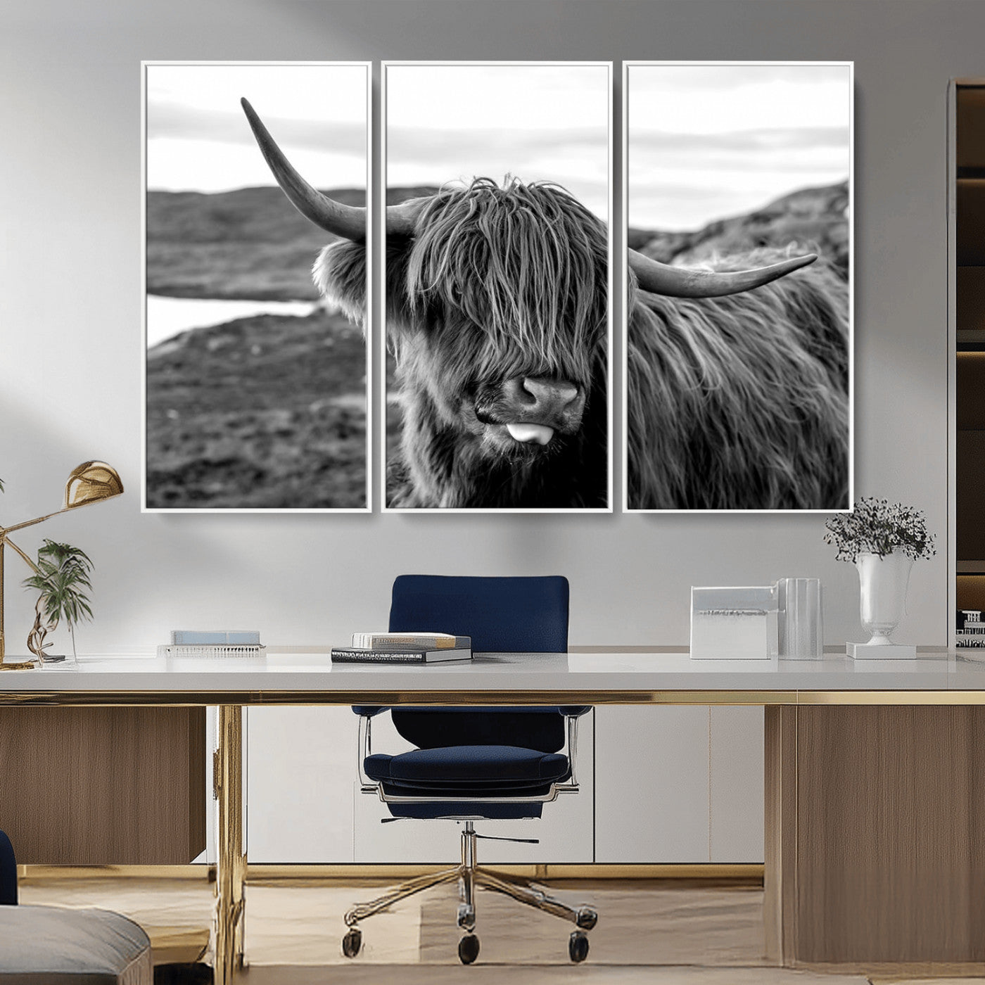 83810-MGV-CV-36X24-Highland Cow Wall Art – Black and White Highland Cattle Print, Rustic Farmhouse Animal Decor for Living Room or Office