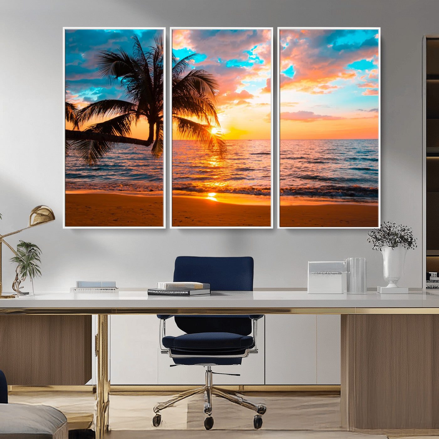 34674-MGV-CV-36X24-Tropical Sunset Beach Wall Art – Palm Tree Ocean Canvas Print, Coastal Seascape Decor for Living Room or Office Wall