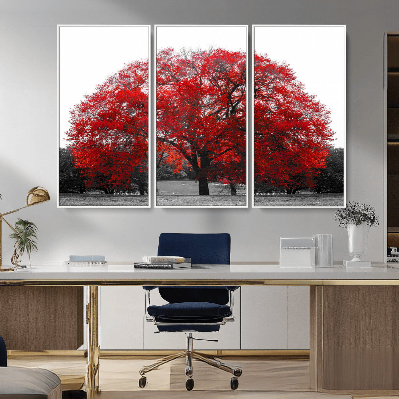 80021-MGV-CV-36X24-Red Tree Wall Art – Striking Black and White Landscape Canvas Print with Vibrant Red Leaves, Modern Nature Decor for Living Room