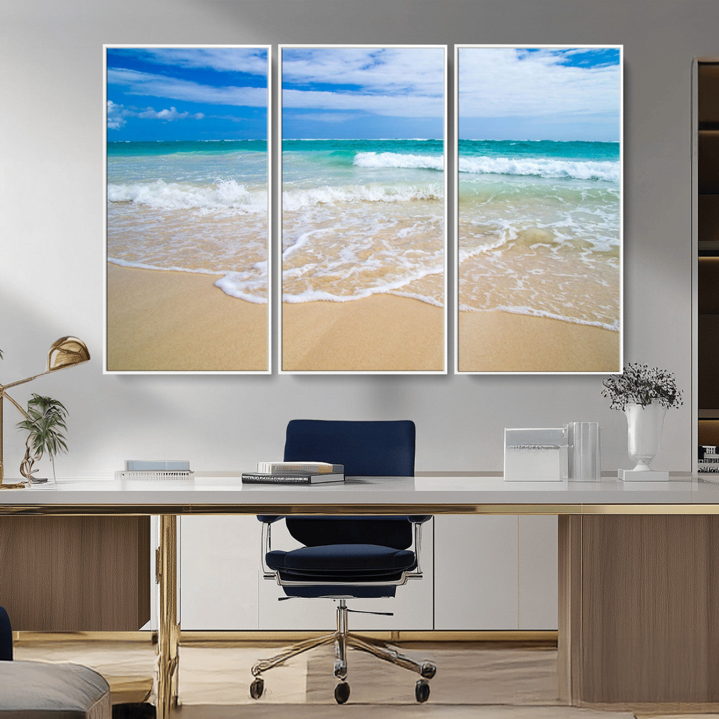 20660-MGV-CV-36X24-Ocean Wave Beach Wall Art – Serene Blue Sea and Sandy Shore Canvas Print, Coastal Landscape Photography Decor for Living Room or