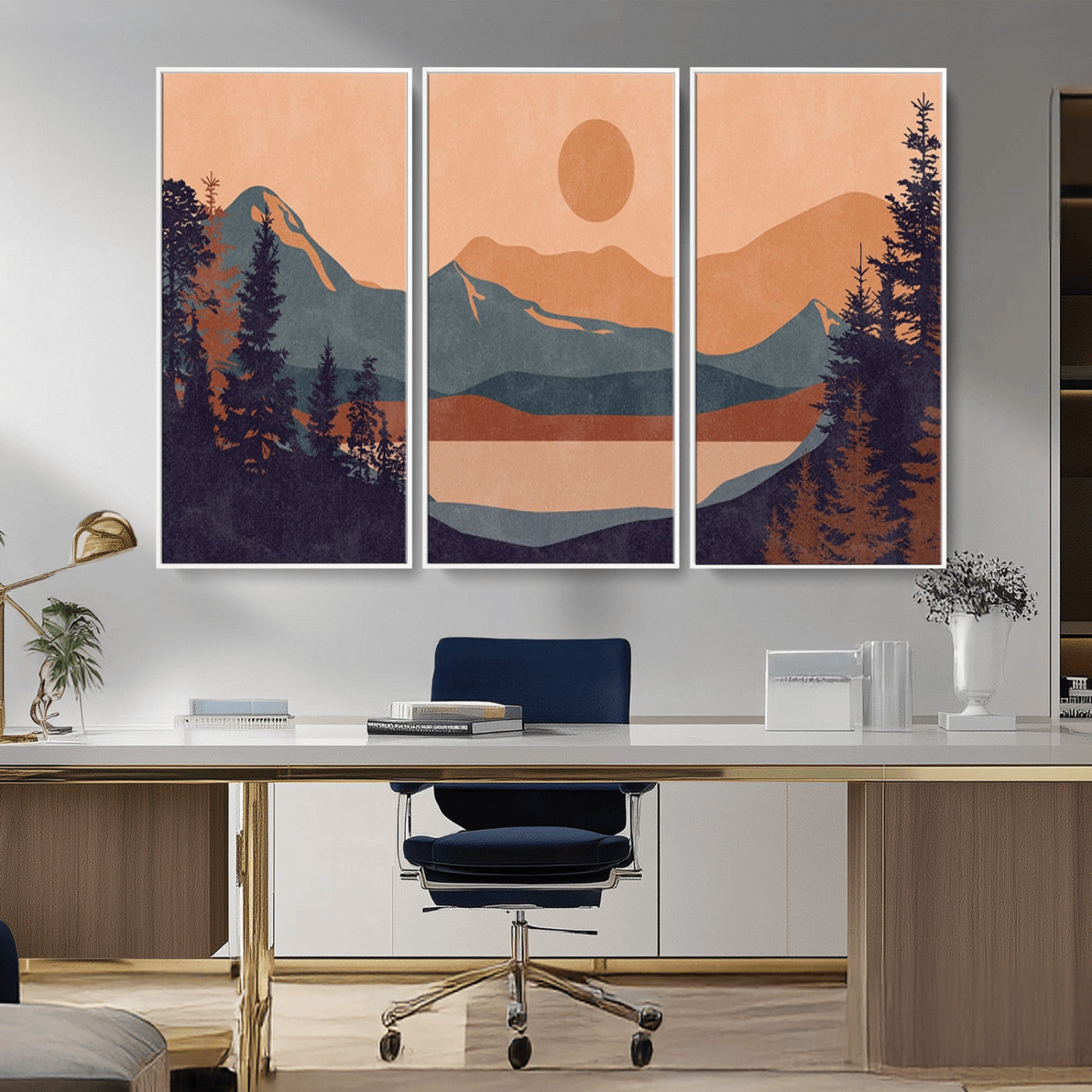 62795-MGV-CV-36X24-Minimalist Mountain Landscape Wall Art – Abstract Sunset Over Peaks and Pine Trees Canvas Print, Modern Nature Decor for Living
