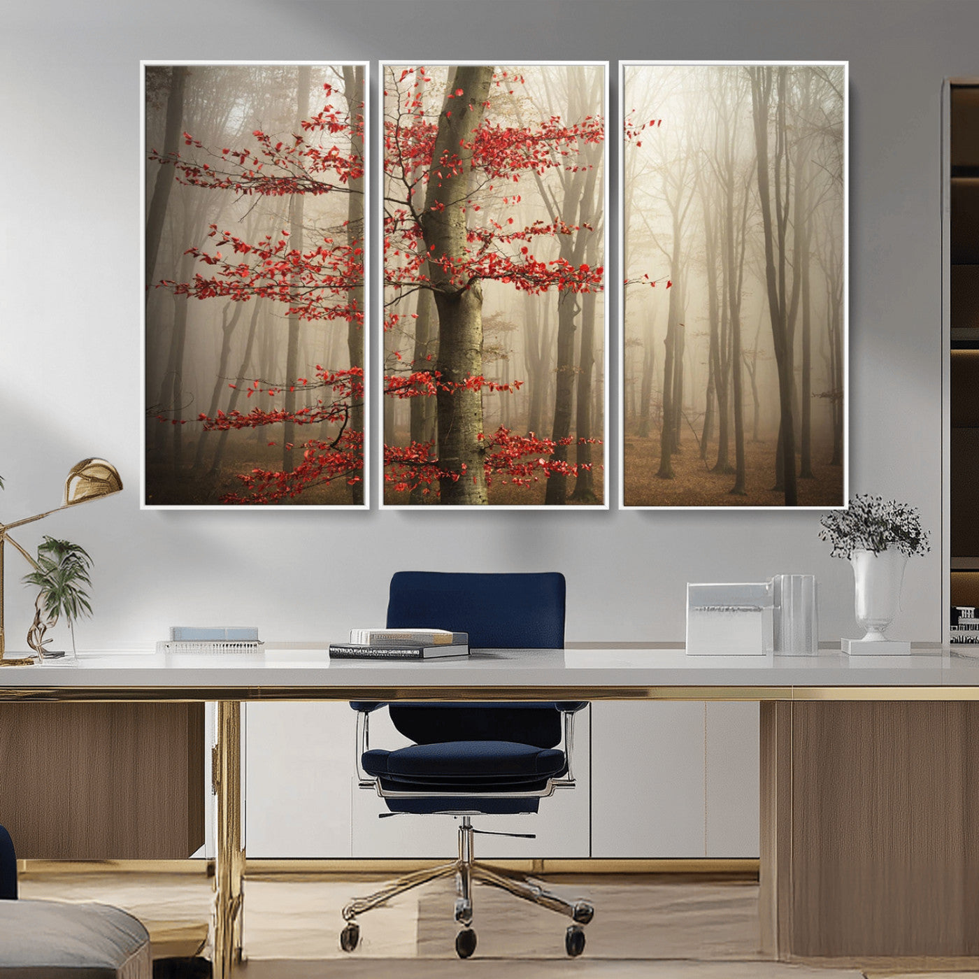 61855-MGV-CV-36X24-Misty Forest Wall Art – Red Tree with Autumn Leaves Canvas Print, Moody Woodland Nature Decor for Living Room, Bedroom, or Office