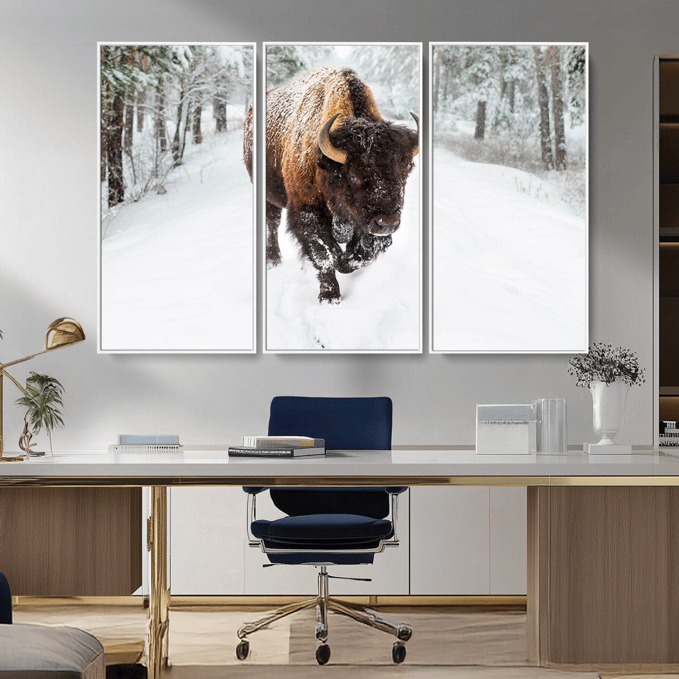 84699-MGV-CV-36X24-Bison in Winter Wall Art – Majestic Buffalo Canvas Print with Snowy Forest Landscape, Rustic Wildlife Artwork for Cabin, Living