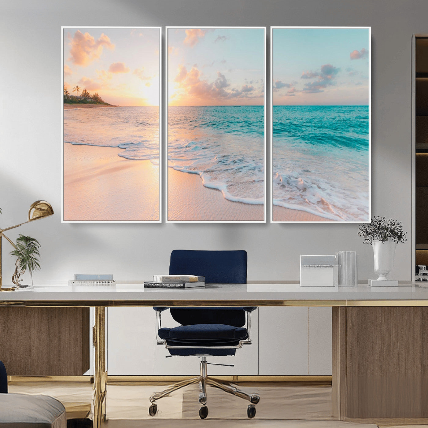 36554-MGV-CV-36X24-Tropical Beach Sunset Wall Art – Ocean Waves and Palm Canvas Print, Coastal Seascape Photography Decor for Living Room, Bedroom,
