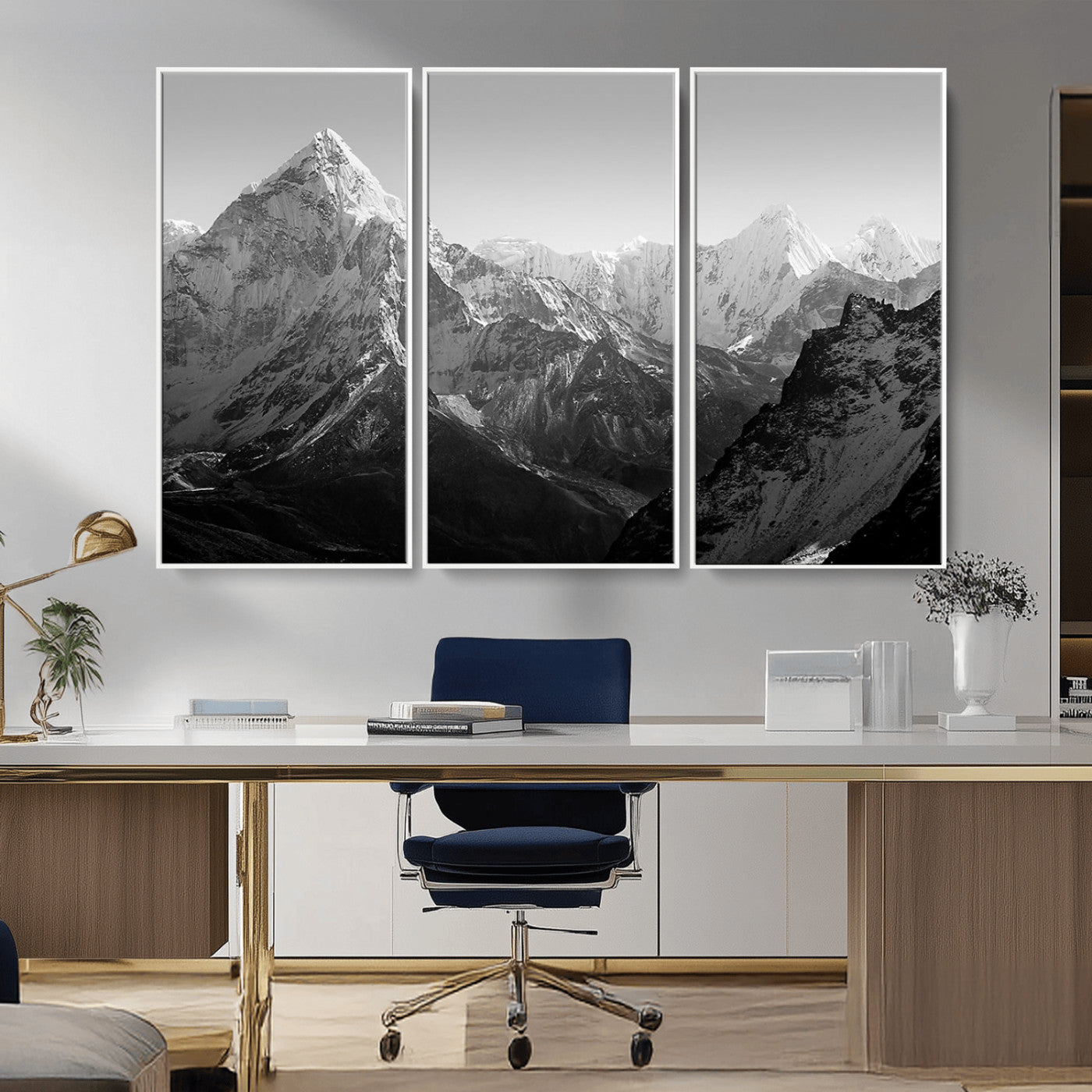 10775-MGV-CV-36X24-Snow Capped Mountain Wall Art – Black and White Canvas Print of Majestic Peaks, Nature Landscape Photography for Office, Bedroom,