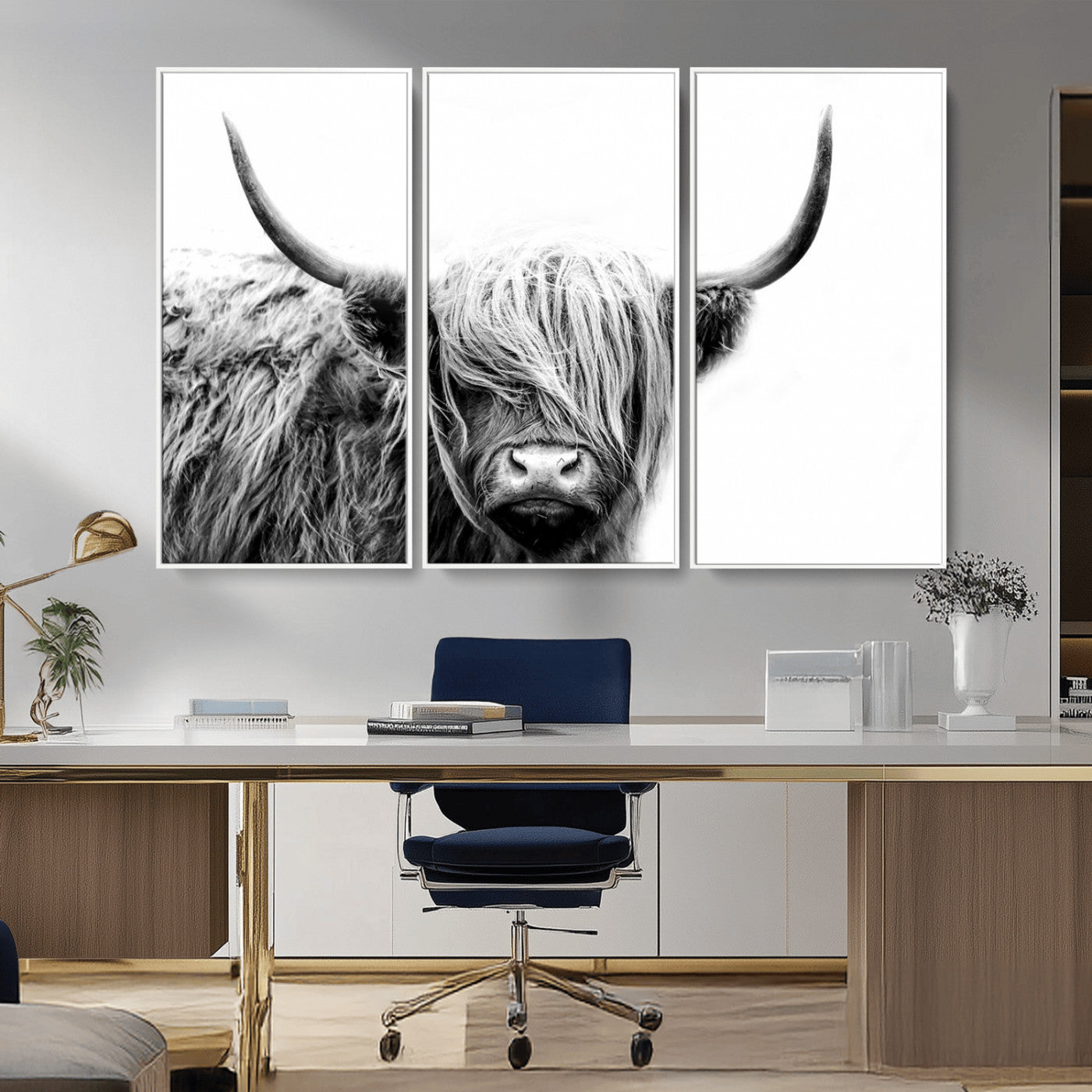 51957-MGV-CV-36X24-Highland Cow Wall Art – Black and White Scottish Highland Bull Canvas Print, Rustic Farmhouse Animal Decor for Living Room,