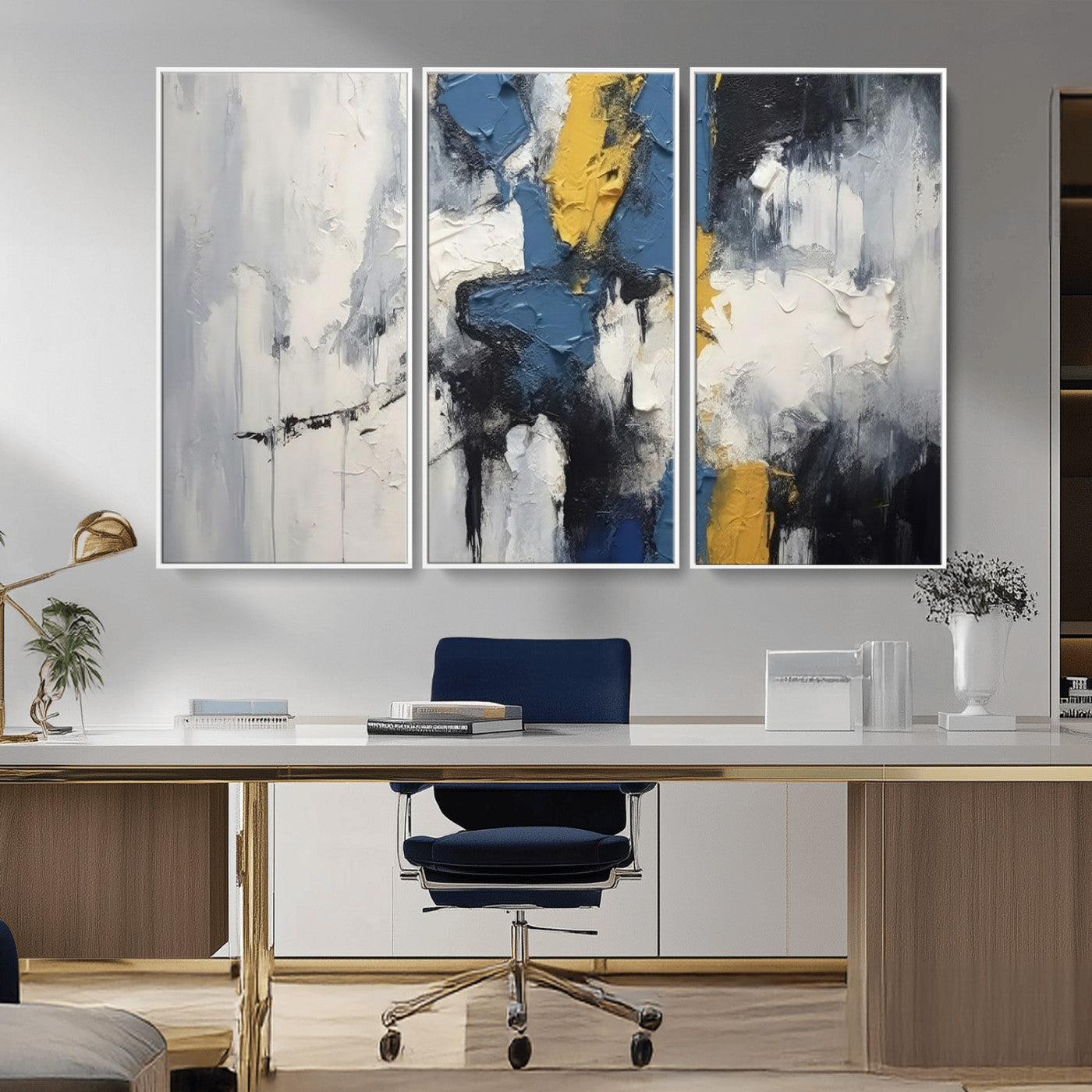63850-MGV-FC-48X32-3P_White-Abstract Blue and Yellow Wall Art – Modern Textured Canvas Painting, Bold Contemporary Artwork for Living Room, Bedroom or Office