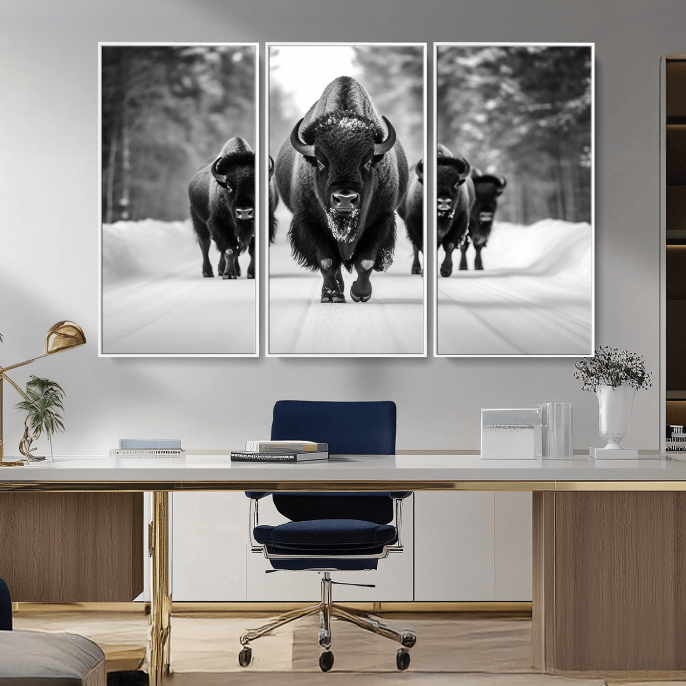 45287-MGV-CV-36X24-Bison Herd Wall Art – Black and White Buffalo Snow Road Canvas Print, Rustic Wildlife Decor for Cabin, Lodge or Living Room