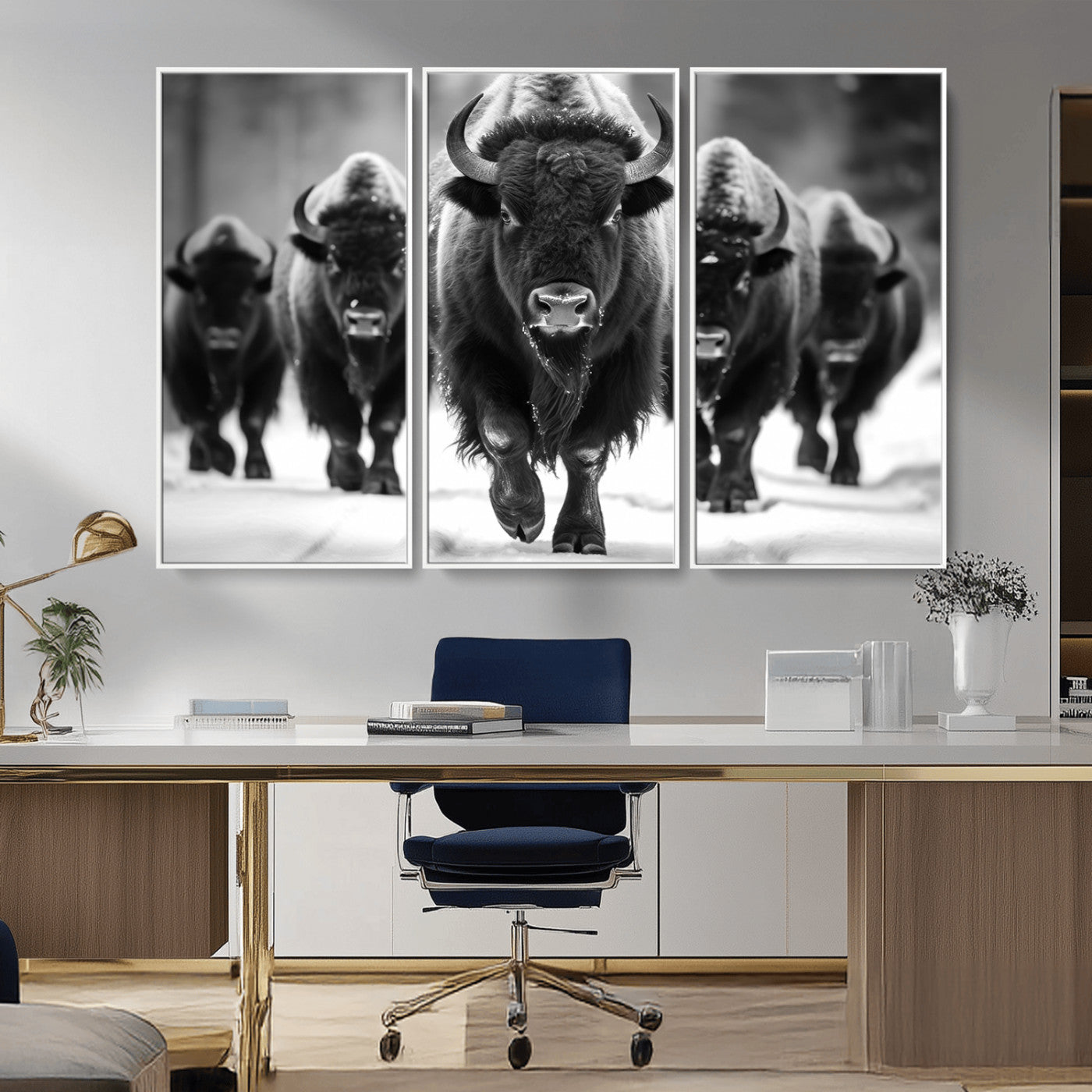 79872-MGV-FC-48X32-3P_White-Bison Herd Wall Art – Black and White Buffalo on Snow Canvas Print, Rustic Wildlife Decor for Lodge, Cabin, or Living Room