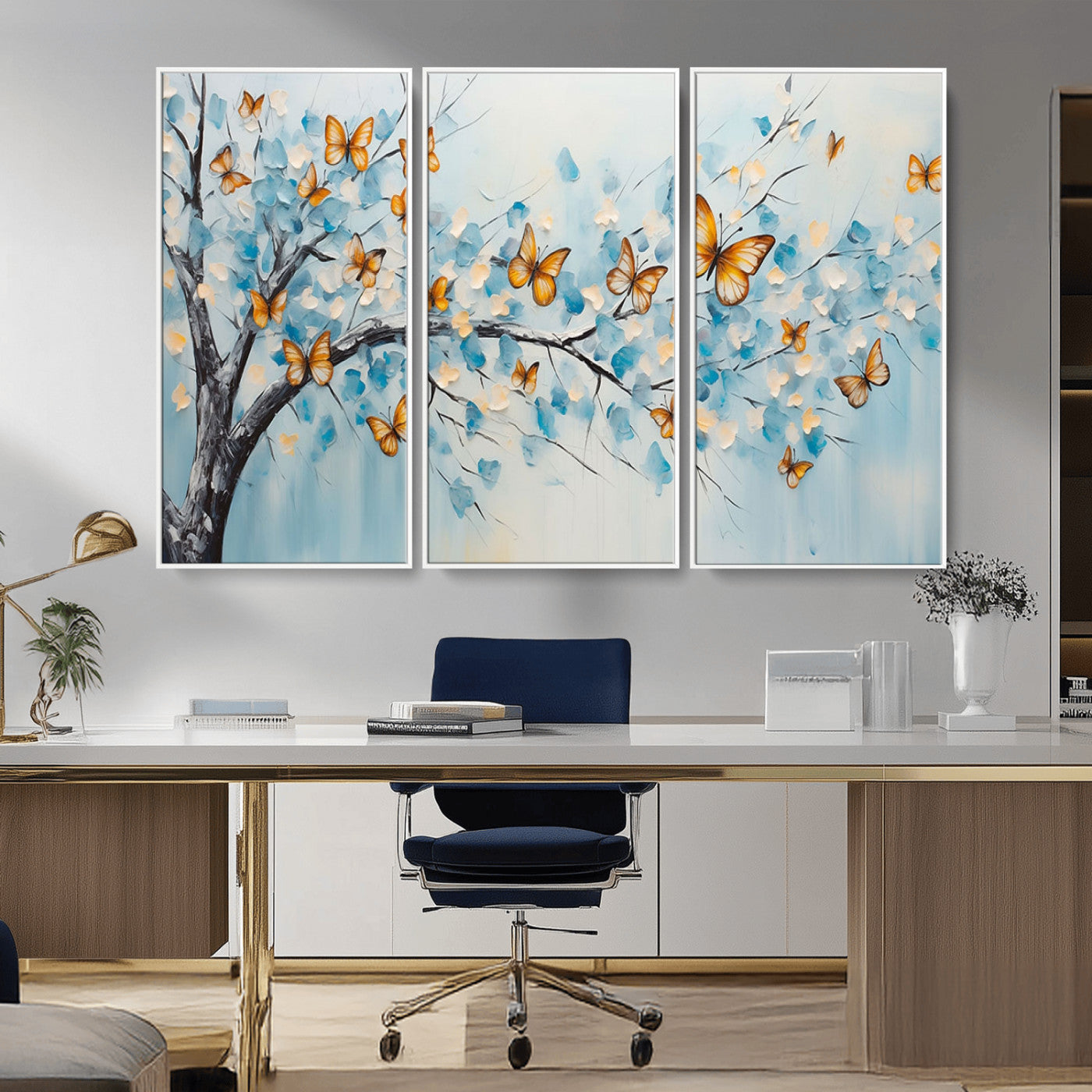 59455-MGV-CV-36X24-Butterfly Tree Branch Wall Art – Blue and Yellow Abstract Canvas Print, Modern Nature Artwork for Living Room, Bedroom or Office