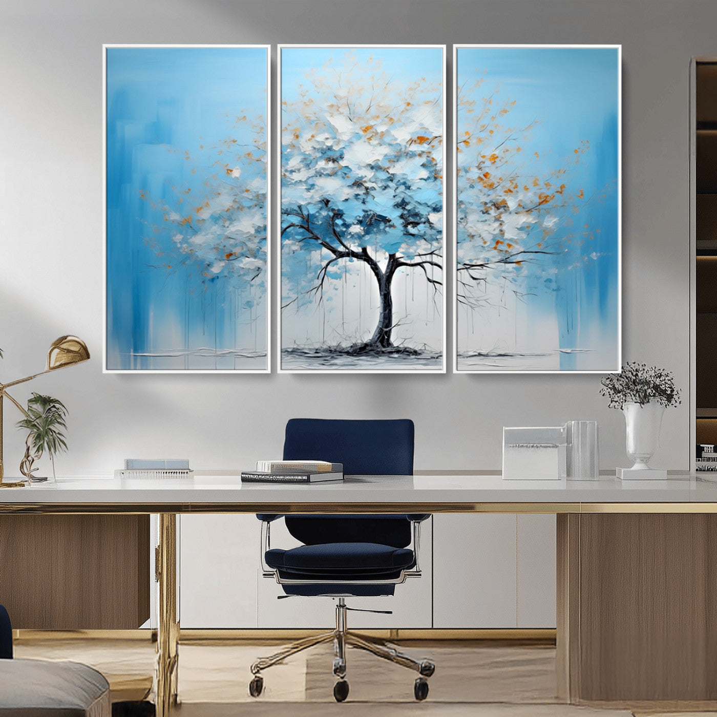 25021-MGV-CV-36X24-Abstract Tree Wall Art – Blue and White Canvas Painting with Gold Accents, Modern Nature-Inspired Artwork for Living Room, Bedroom