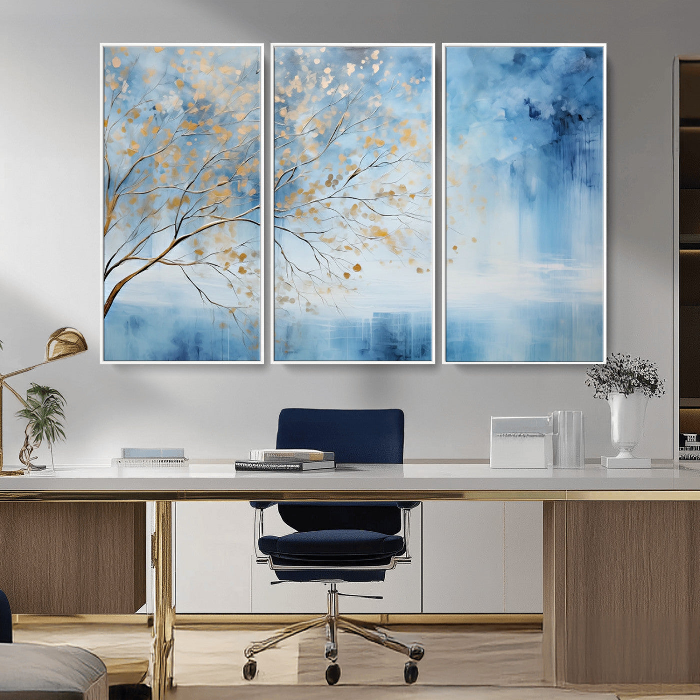 23891-MGV-CV-36X24-Abstract Tree Wall Art – Minimalist Blue and Gold Canvas Painting, Elegant Nature-Inspired Artwork for Living Room, Bedroom or