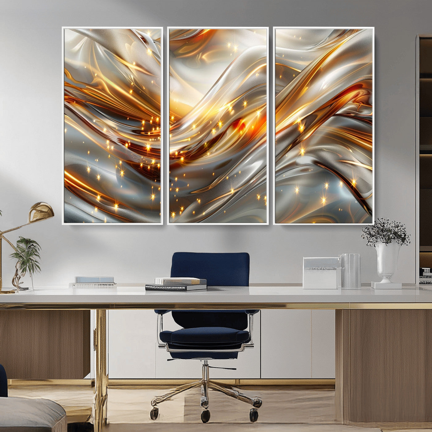 Lines1-MGV-CV-36X24-Abstract Metallic Wall Art – Silver and Gold Wave Canvas Print with Sparkling Accents, Modern Luxury Decor for Living Room, Office