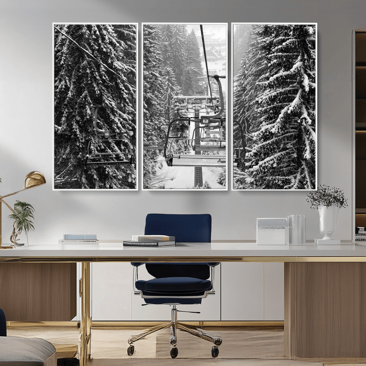 19240-MGV-CV-36X24-Ski Lift Wall Art – Black and White Winter Mountain Canvas Print, Snowy Forest Ski Resort Photography for Cabin, Lodge, Office or