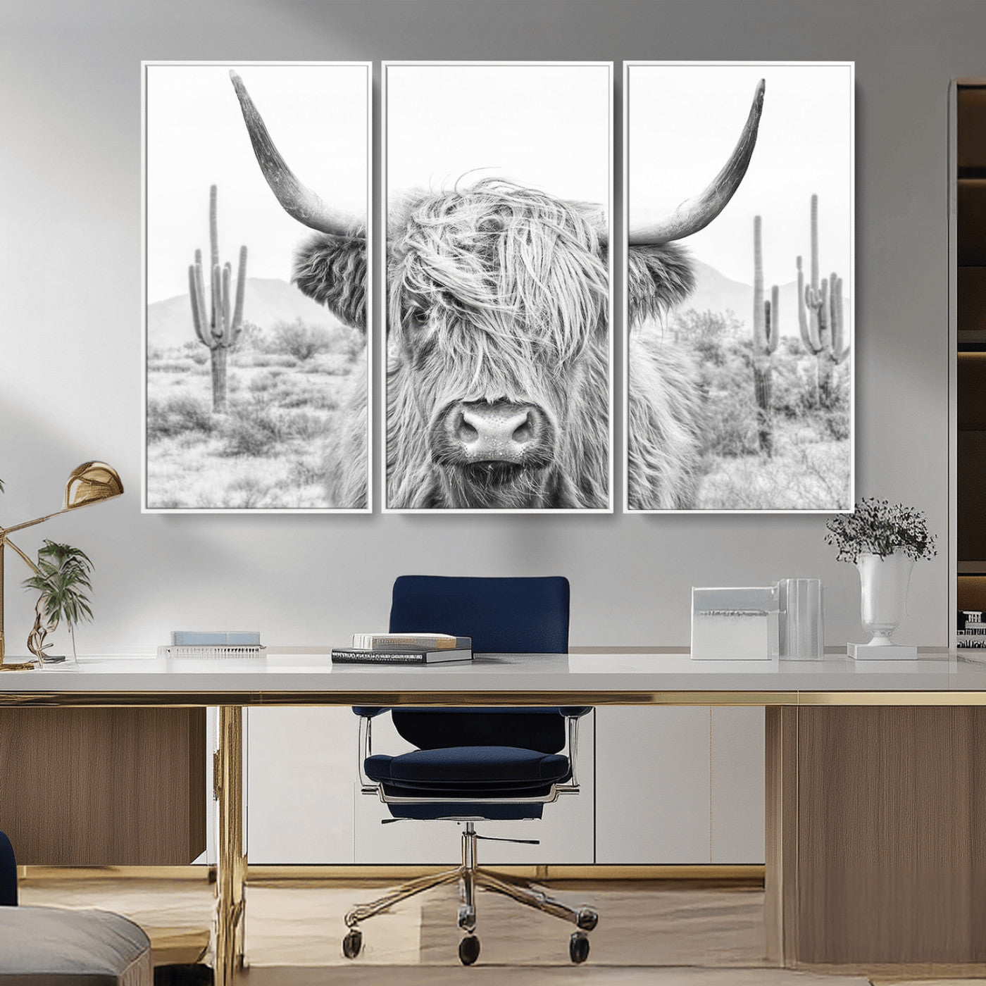 94579-MGV-FC-48X32-3P_White-Highland Cow Wall Art – Black and White Longhorn Canvas Print, Rustic Western Farmhouse Animal Photography for Living Room,