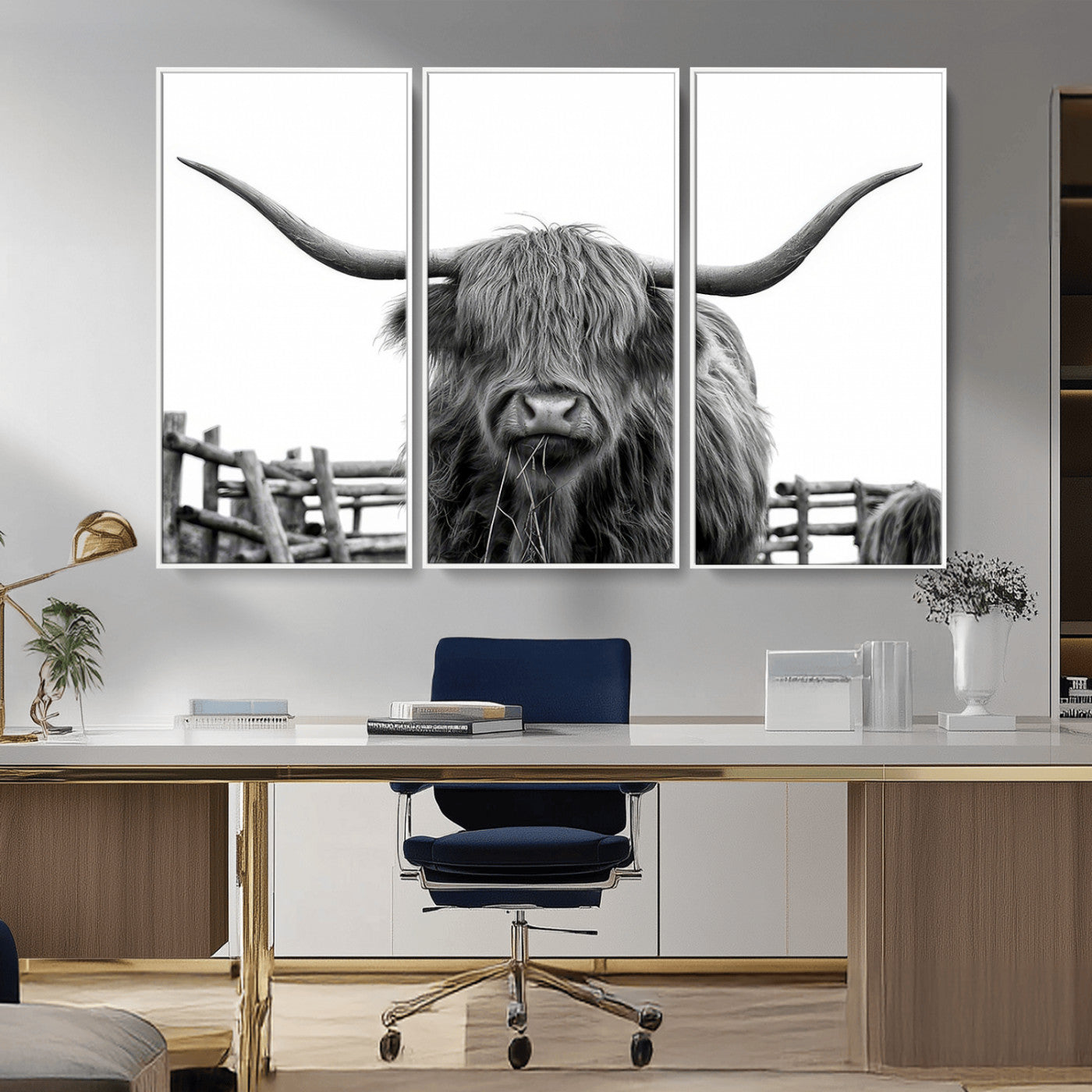 58188-MGV-CV-36X24-Highland Cow Wall Art – Black and White Rustic Farmhouse Canvas Print, Longhorn Cattle Photography Decor for Living Room or
