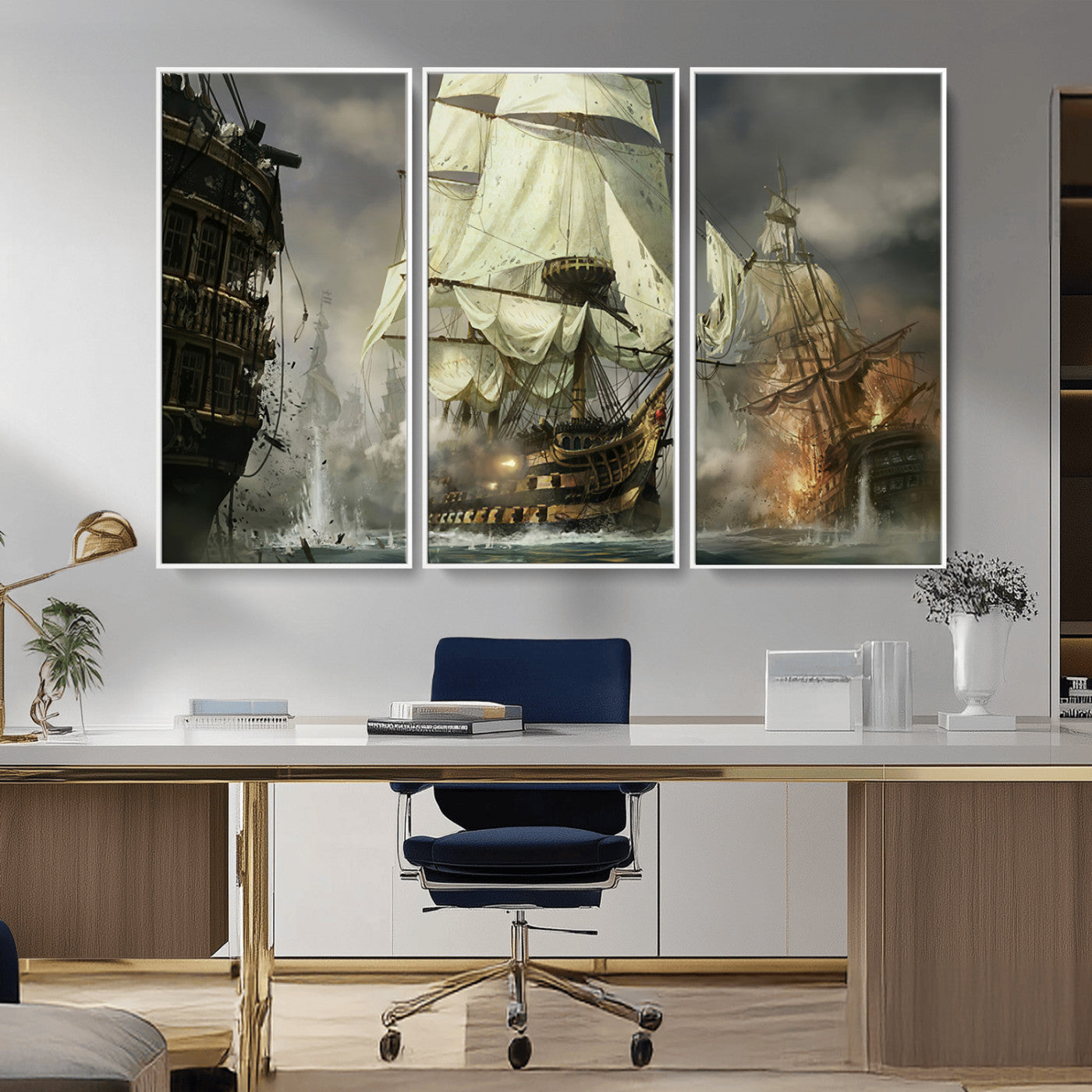 26512-MGV-CV-36X24-Naval Battle Wall Art – Dramatic Tall Ship Canvas Print, Historic Pirate Sailing War Scene, Nautical Decor for Office, Study or