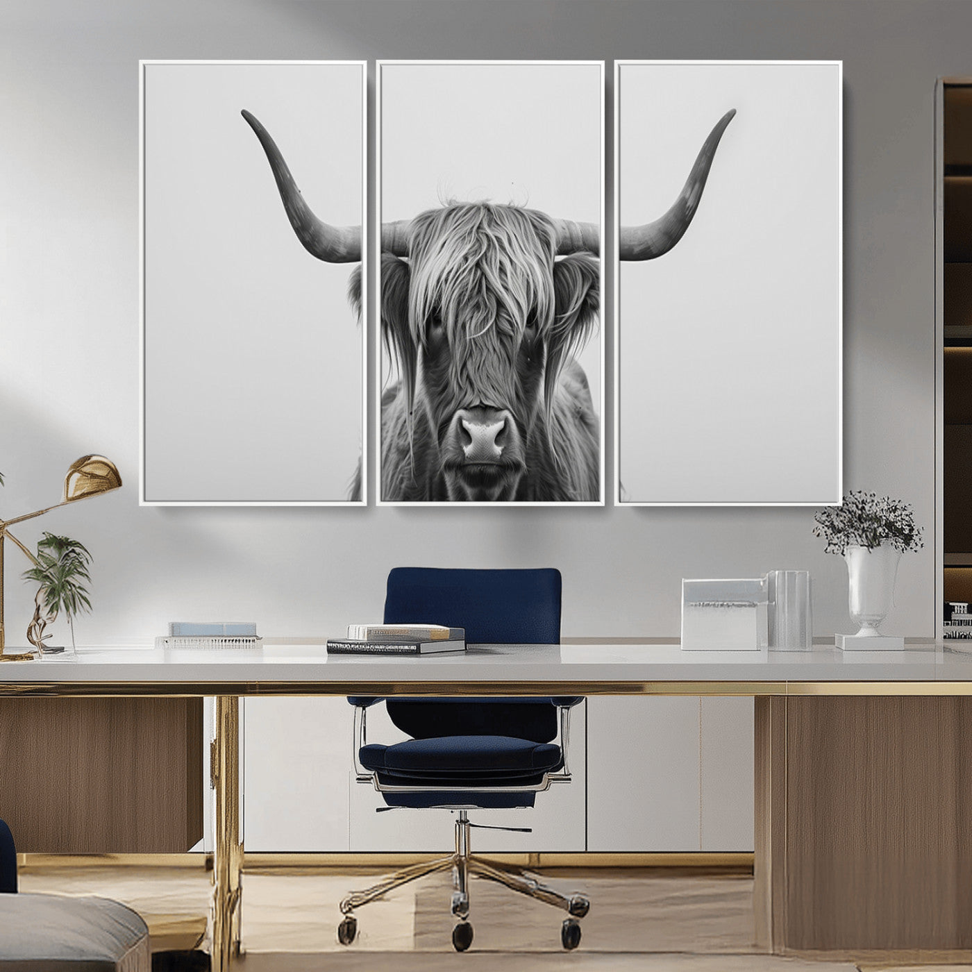 35820-MGV-CV-36X24-Minimalist Highland Cow Wall Art – Black and White Longhorn Cattle Canvas Print, Modern Farmhouse Animal Photography Decor for