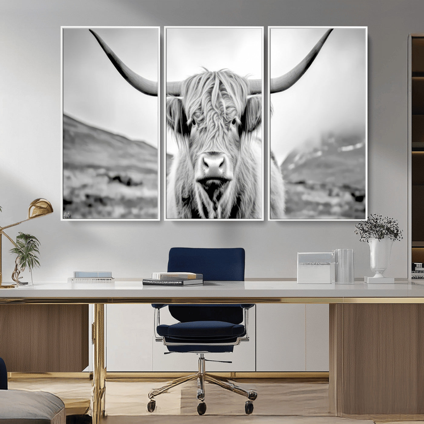 80564-MGV-CV-36X24-Highland Cow Wall Art – Black and White Scottish Highland Canvas Print, Rustic Farmhouse Decor for Living Room, Bedroom or Office