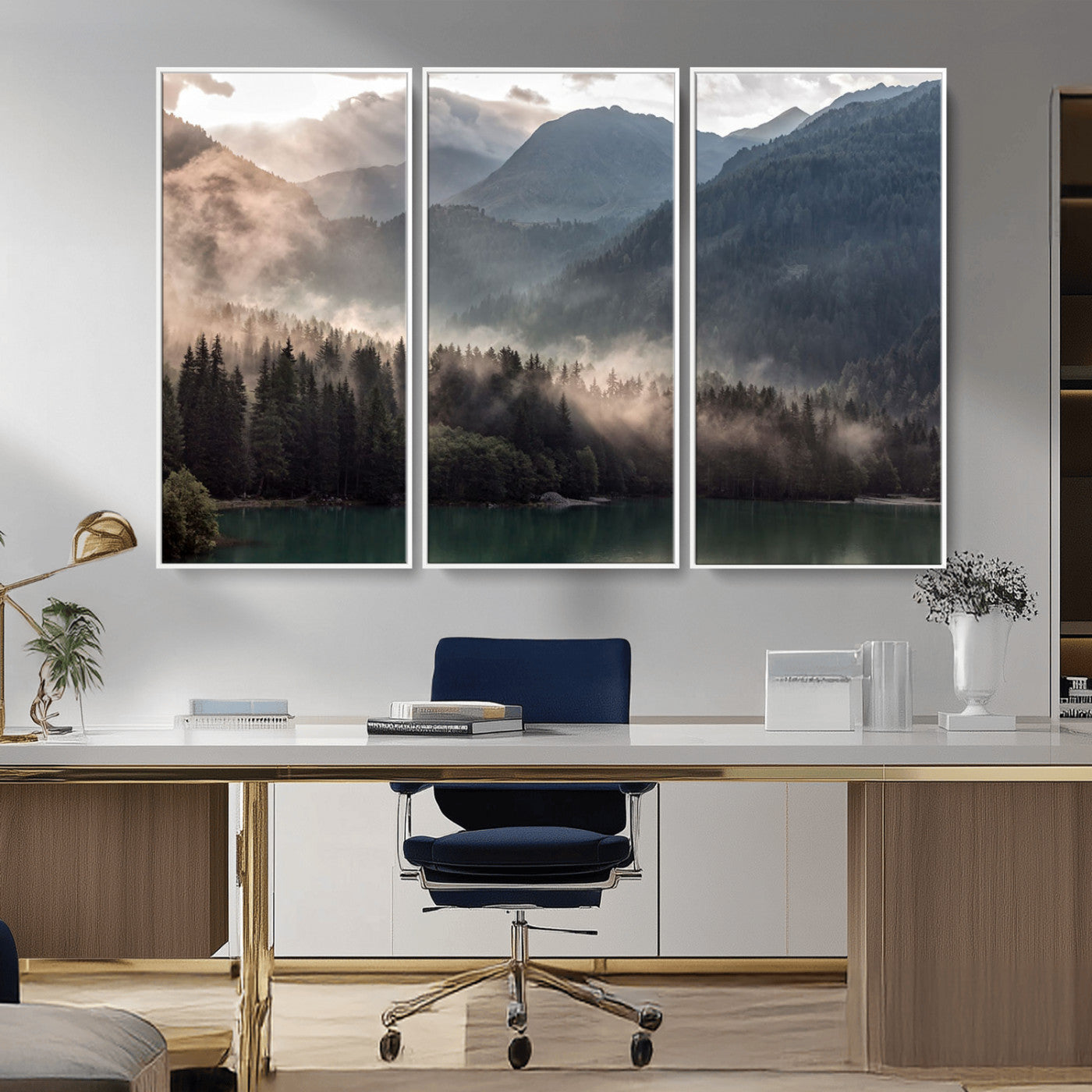 61116-MGV-CV-36X24-Misty Mountain Lake Wall Art – Tranquil Foggy Forest and Lake Canvas Print, Scenic Nature Landscape Decor for Living Room or