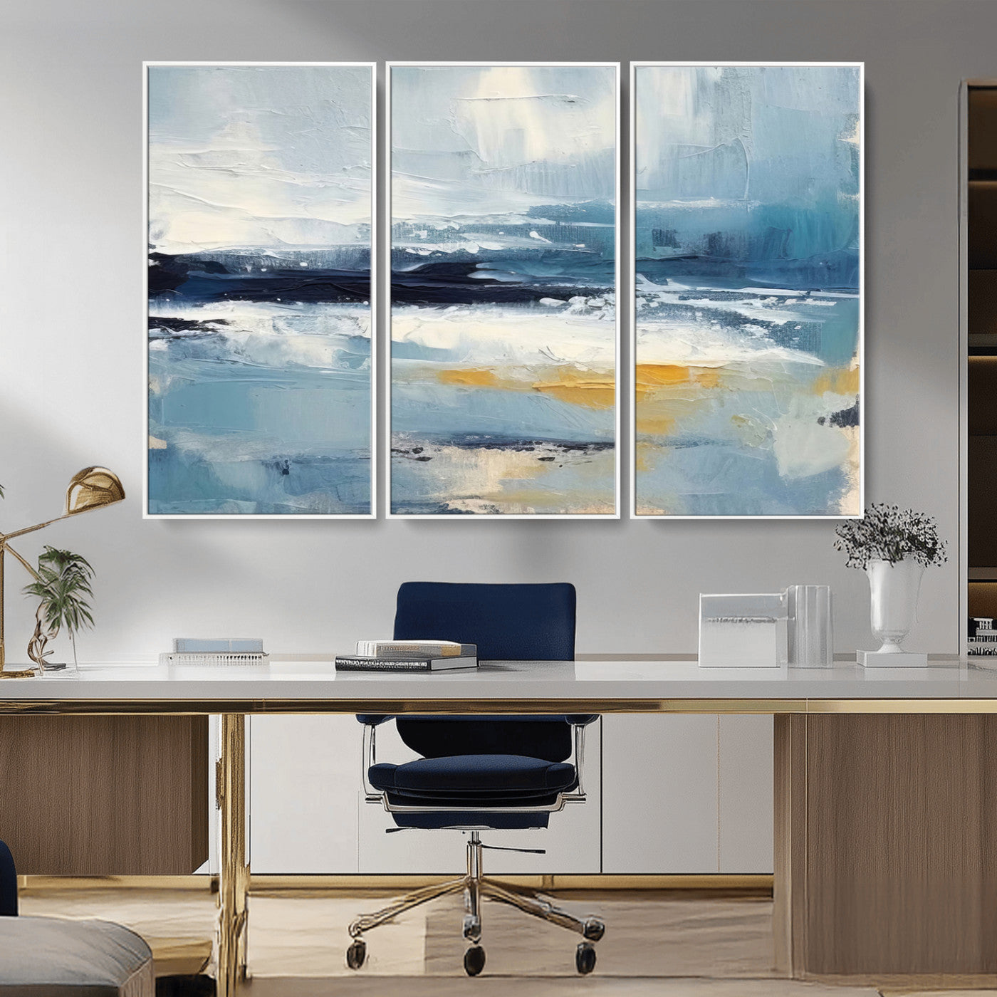 19746-MGV-CV-36X24-Abstract Ocean Wall Art – Modern Coastal Canvas Print with Blue, White and Gold Textures, Contemporary Seascape Painting for