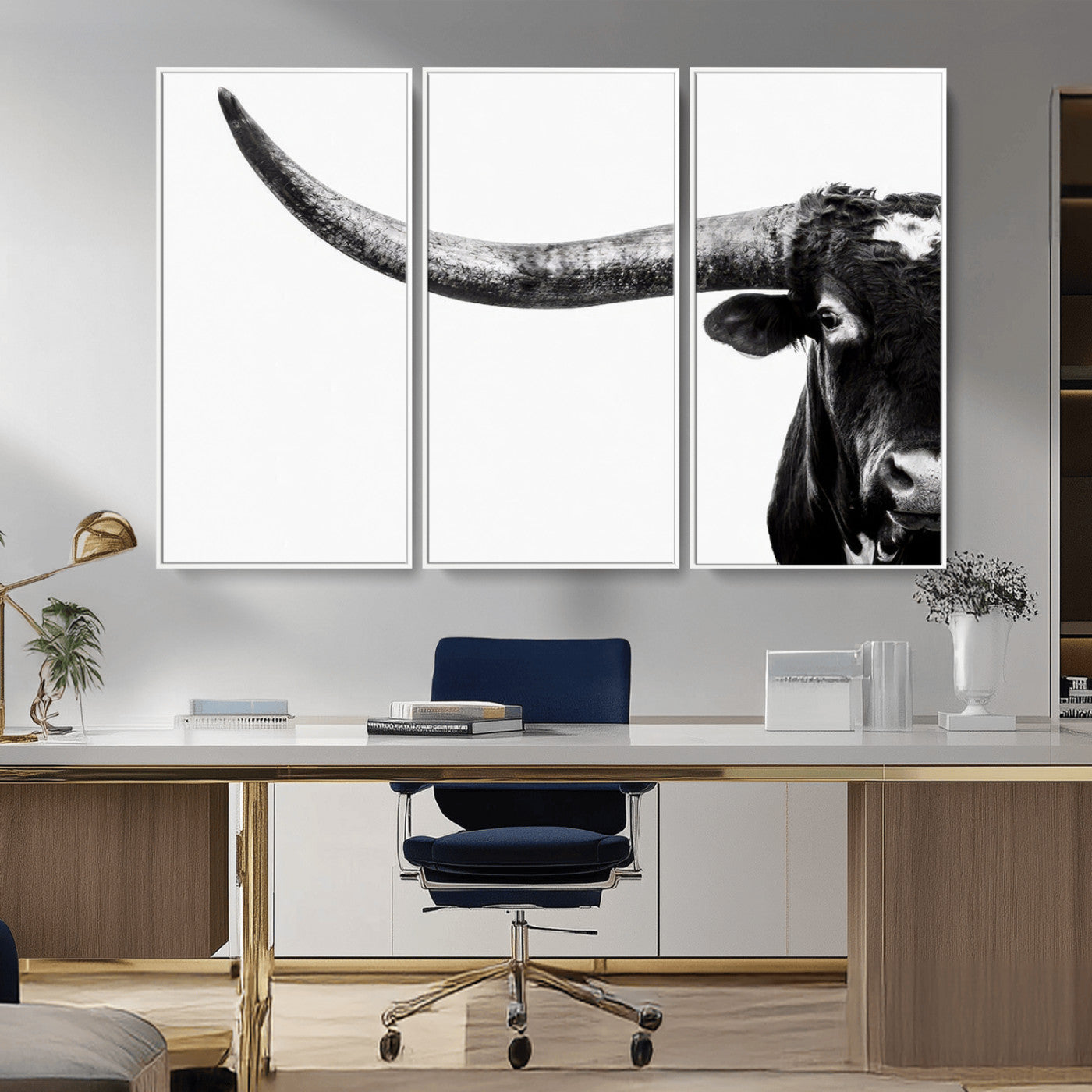 31699-MGV-CV-36X24-Longhorn Wall Art – Black and White Texas Longhorn Cow Canvas Print, Rustic Western Farmhouse Artwork for Living Room, Bedroom or