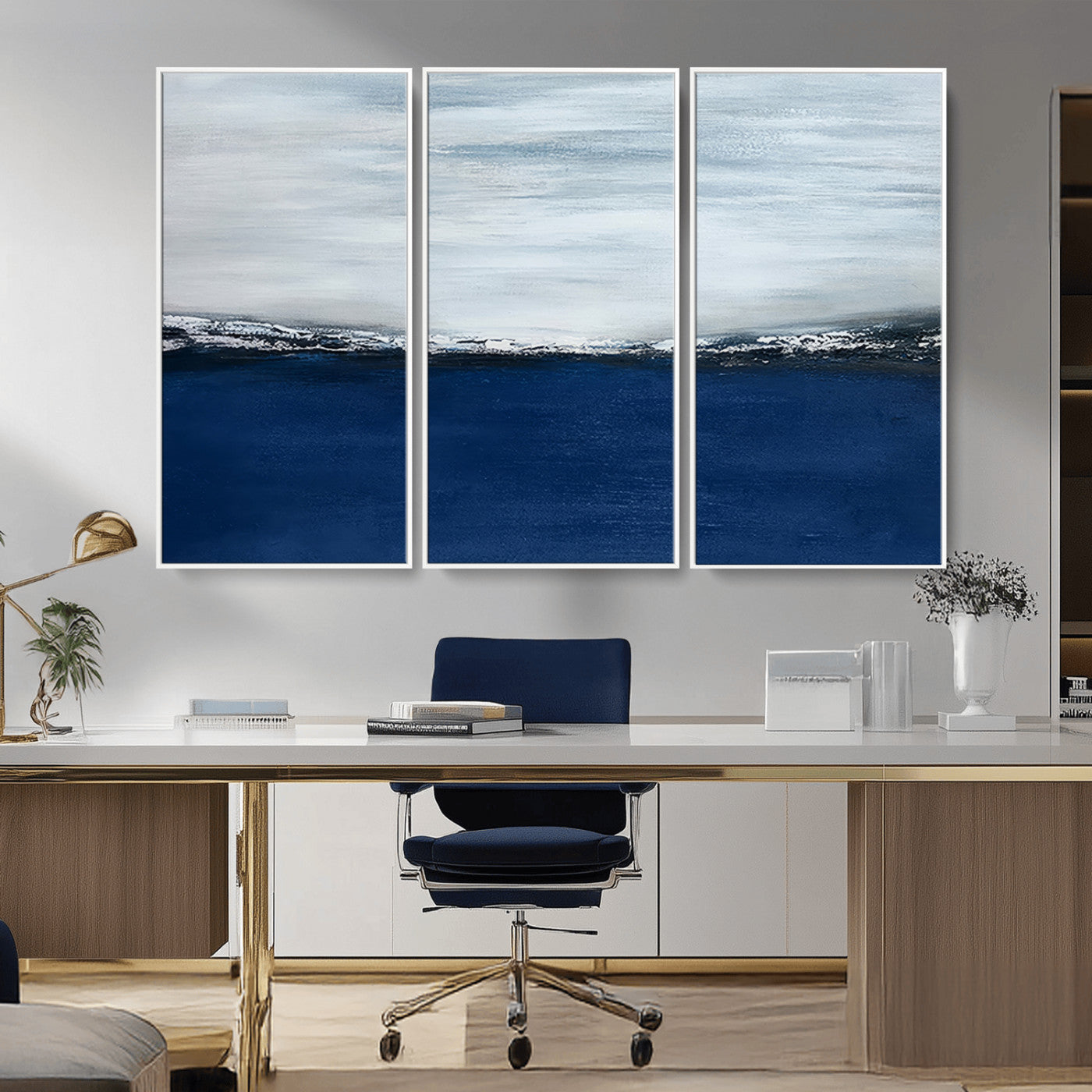 62197-MGV-CV-36X24-Abstract Ocean Wall Art – Minimalist Blue and White Canvas Print, Modern Coastal Seascape Painting for Bedroom, Living Room or