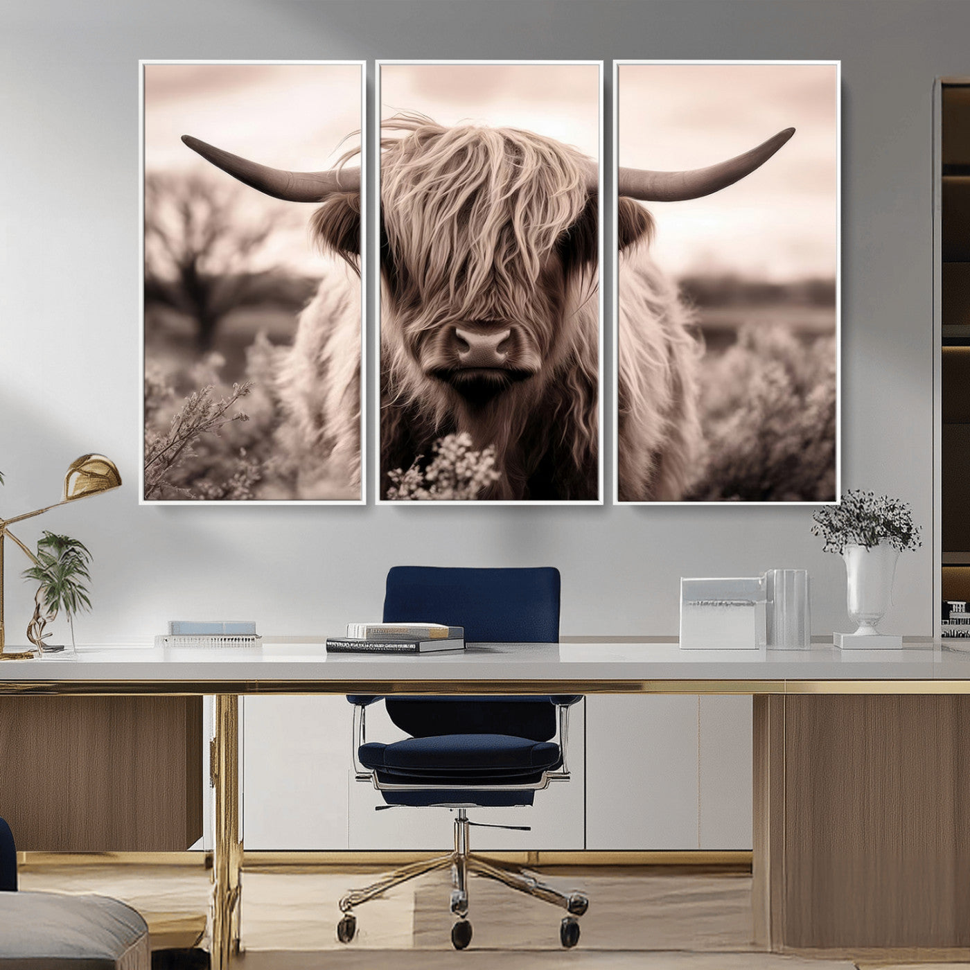 55903-MGV-CV-36X24-Highland Cow Wall Art – Rustic Sepia Scottish Highland Bull Canvas Print, Farmhouse Country Animal Decor for Living Room, Bedroom