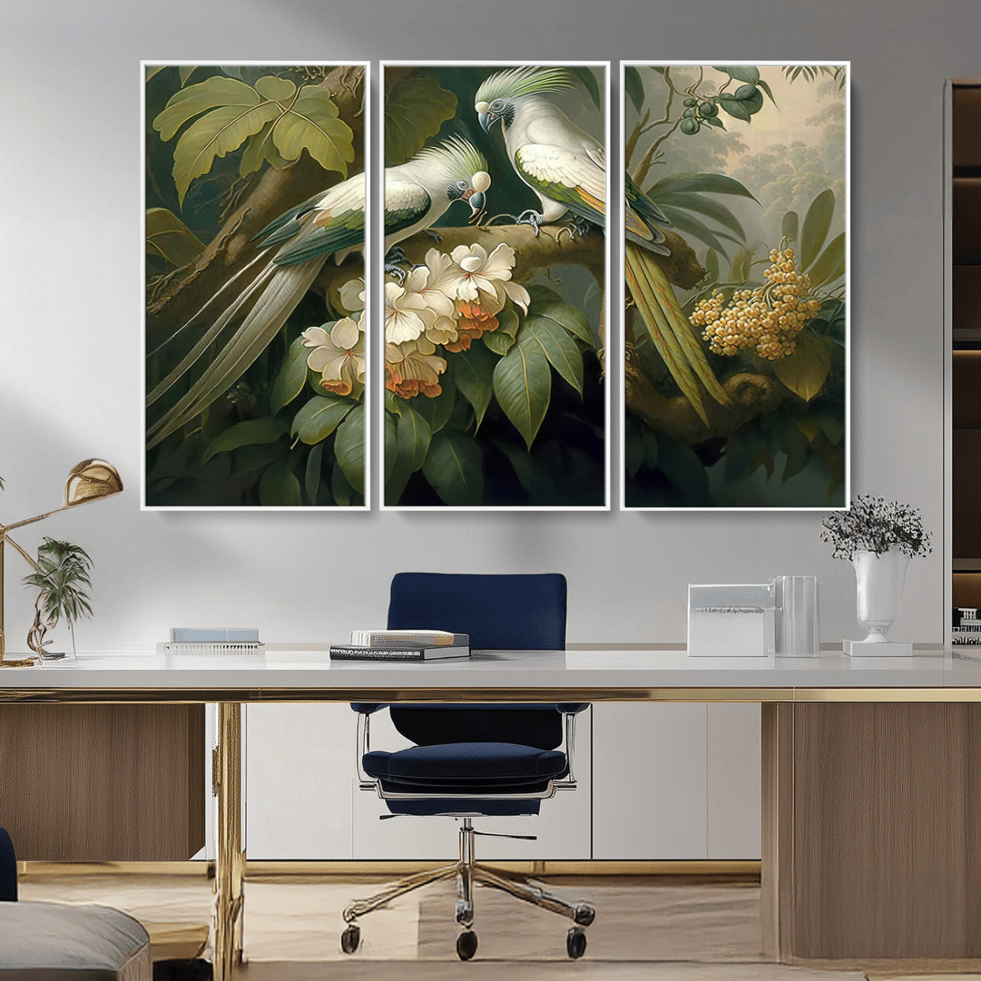 84047-MGV-FC-48X32-3P_White-Tropical Birds Wall Art – Elegant Botanical Canvas Print, Exotic Nature Decor for Living Room, Bedroom or Office