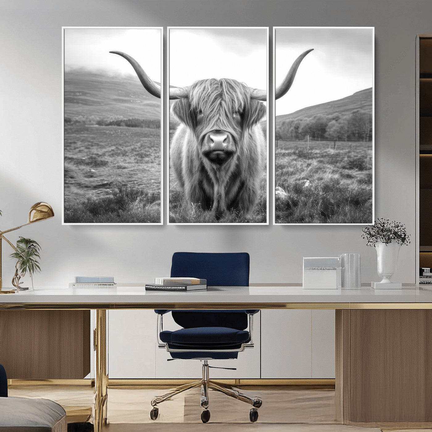 52903-MGV-CV-36X24-Highland Cow Wall Art – Black and White Canvas Print Rustic Cattle Portrait, Farmhouse Country Decor for Living Room, Office,