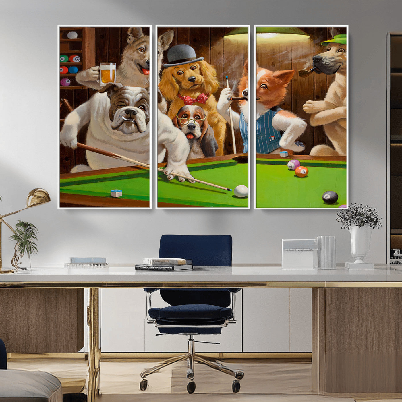 34228-MGV-CV-36X24-Dogs Playing Pool Wall Art Canvas Print, Framed Funny Dog Art Picture Print, Dog Perfect Game Room Decor Artwork