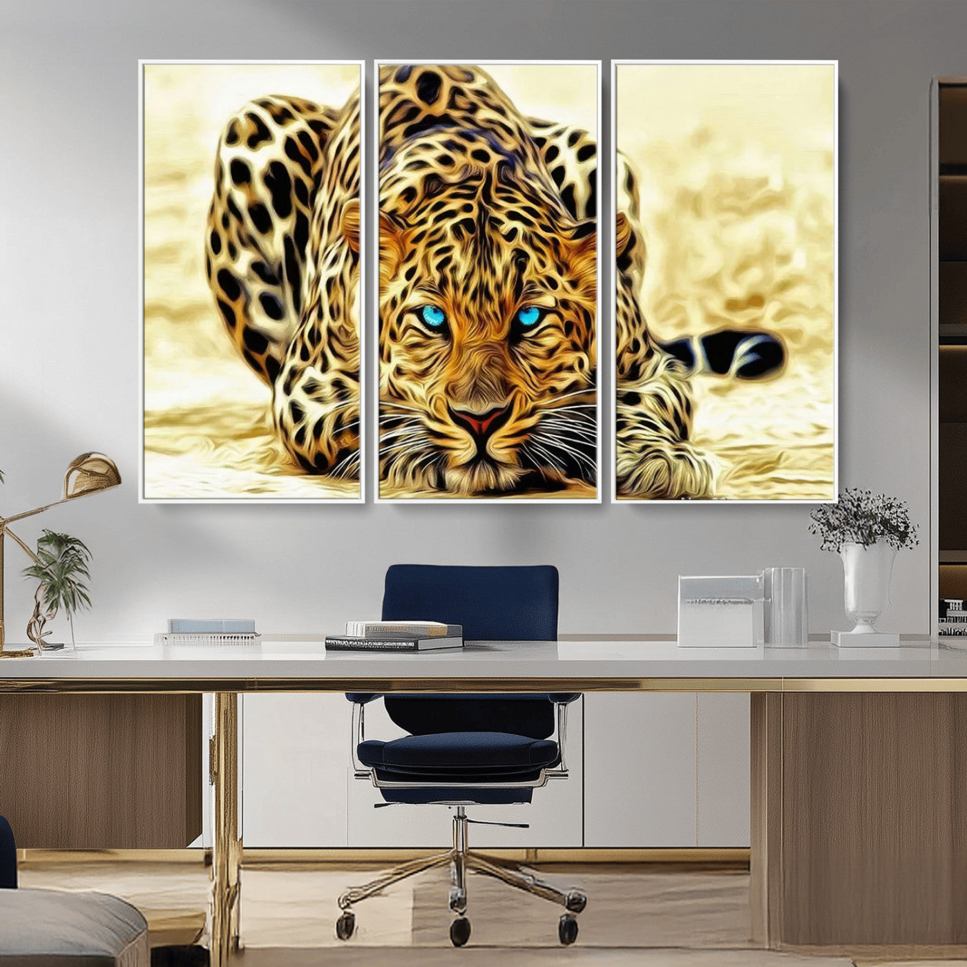 45281-MGV-CV-36X24-Blue Eye Leopard Wall Art Canvas Print, Framed Leopard Painting Art Picture Print, Big Cat Perfect Safari Wildlife Decor Artwork