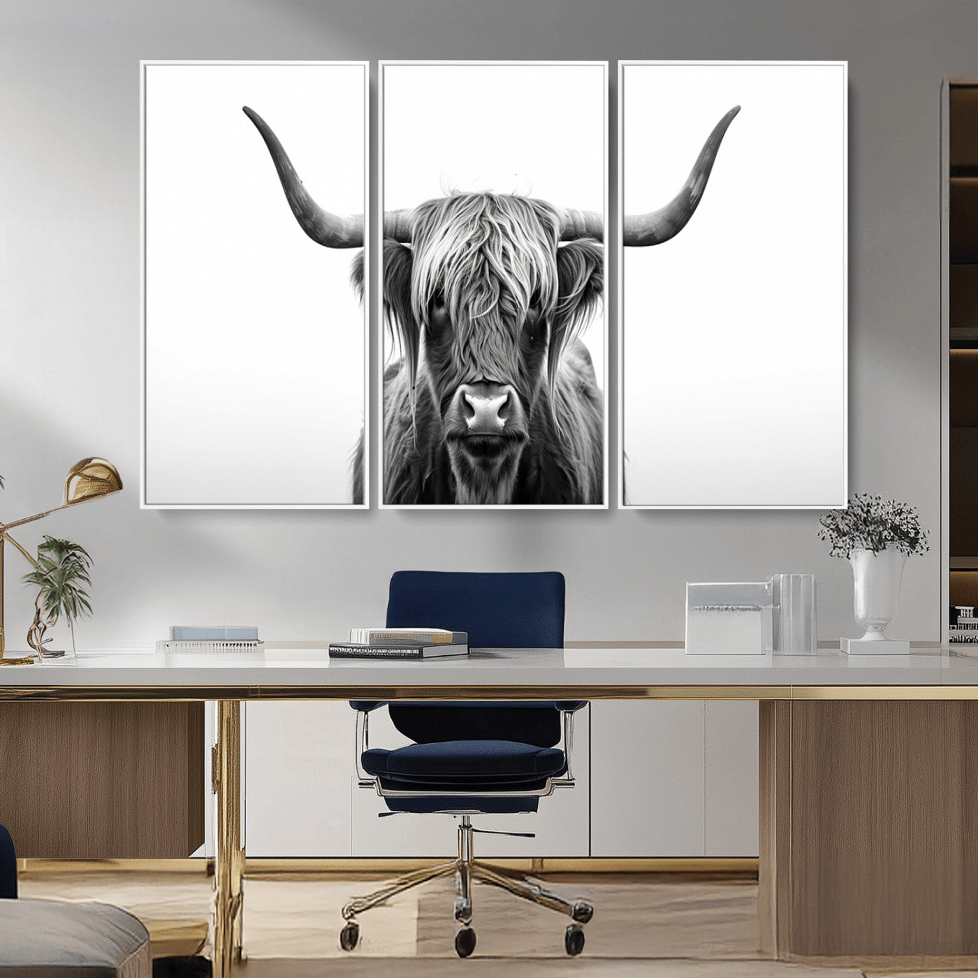 49556-MGV-FC-48X32-3P_White-Highland Cow Wall Art – Black and White Scottish Highland Cattle Print, Rustic Farmhouse Minimalist Animal Portrait Canvas for