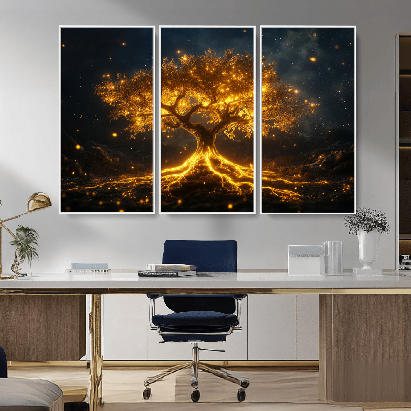 60194-MGV-CV-36X24-Glowing Tree Wall Art – Golden Roots Fantasy Canvas Print, Mystical Illuminated Tree Painting Poster for Living Room, Bedroom,