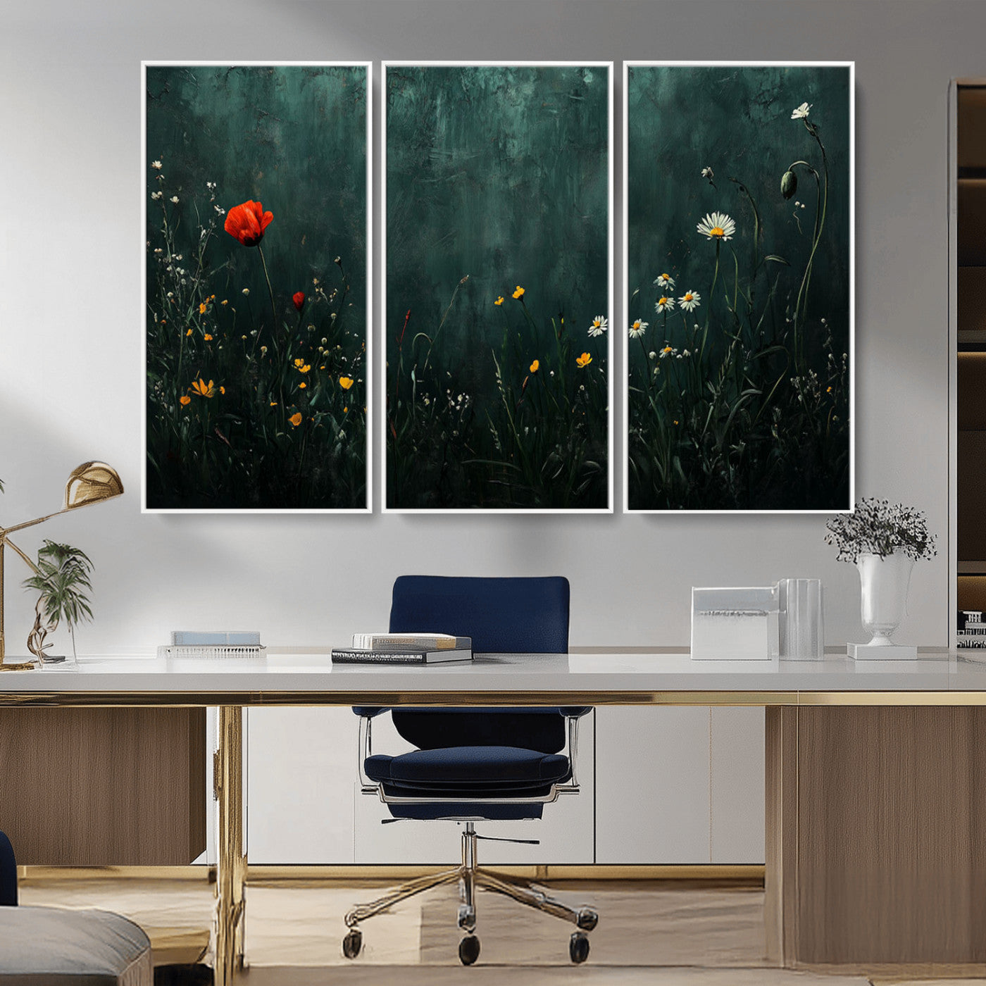 26218-MGV-CV-36X24-Wildflower Wall Art – Dark Botanical Floral Canvas Print, Modern Nature Painting Poster with Daisy Poppy Yellow Flowers for Living