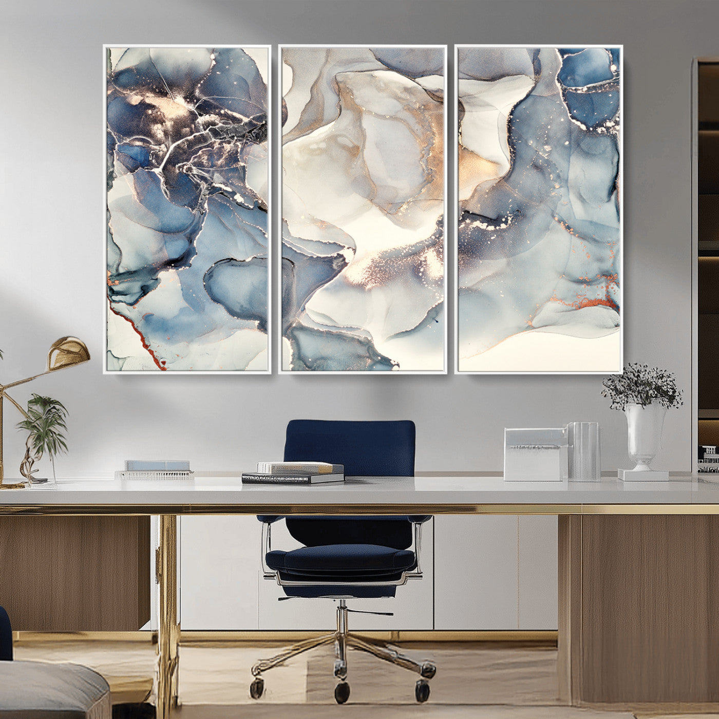 51497-MGV-CV-36X24-Abstract Blue and Gold Wall Art – Modern Fluid Ink Style Canvas Print, Elegant Contemporary Decor for Living Room, Office