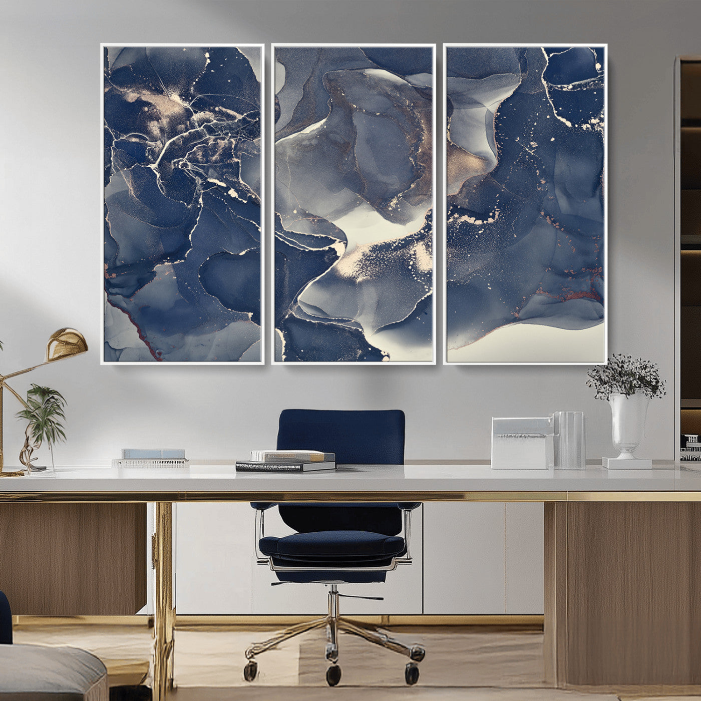 28282-MGV-CV-36X24-Blue Abstract Wall Art – Modern Ink Swirl Canvas Print, Contemporary Navy and Gold Painting for Living Room, Bedroom, Office or