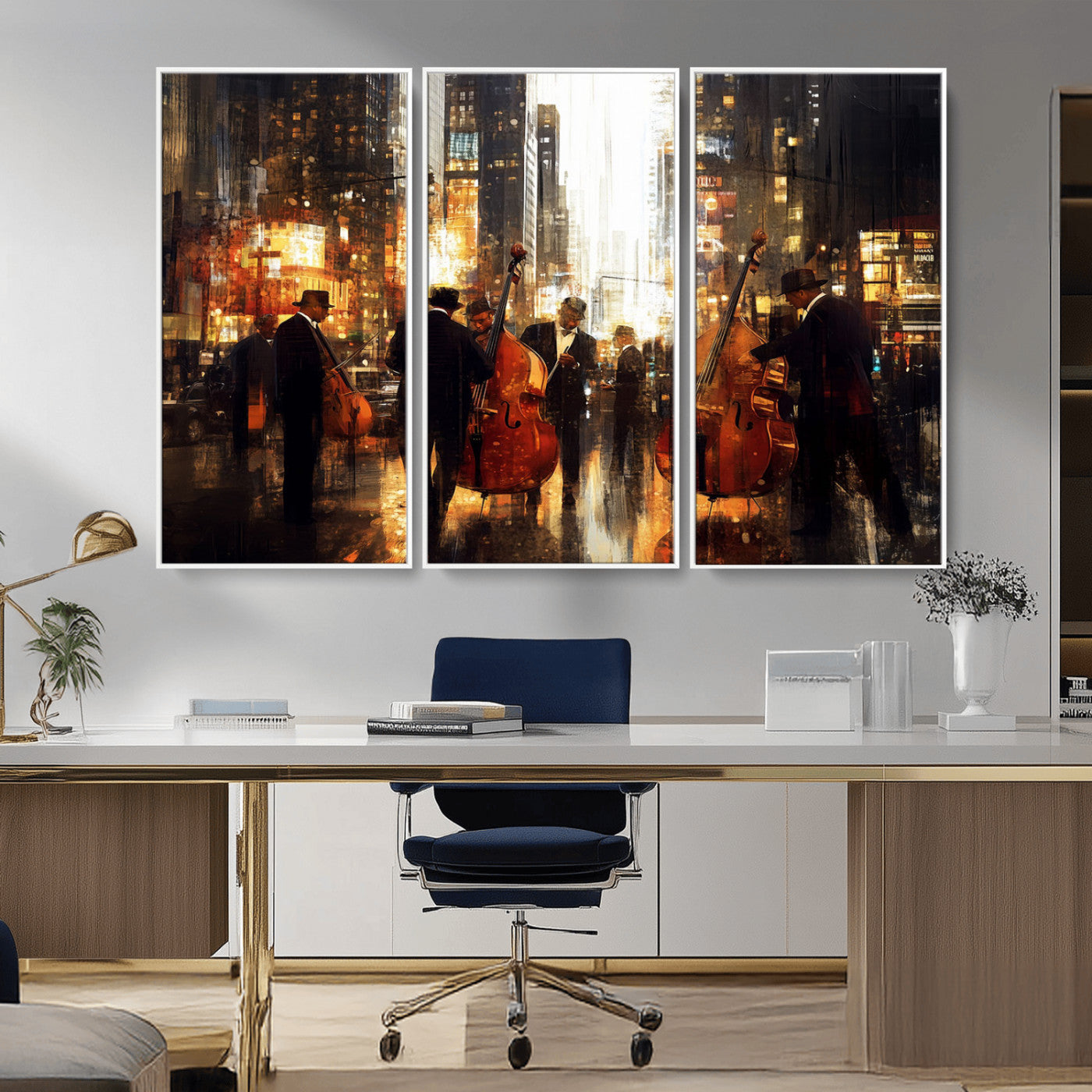 58782-MGV-CV-36X24-Jazz Musicians Cityscape Wall Art – Vibrant Urban Night Canvas Print, Elegant Music Themed Decor for Living Room, Office, or Music