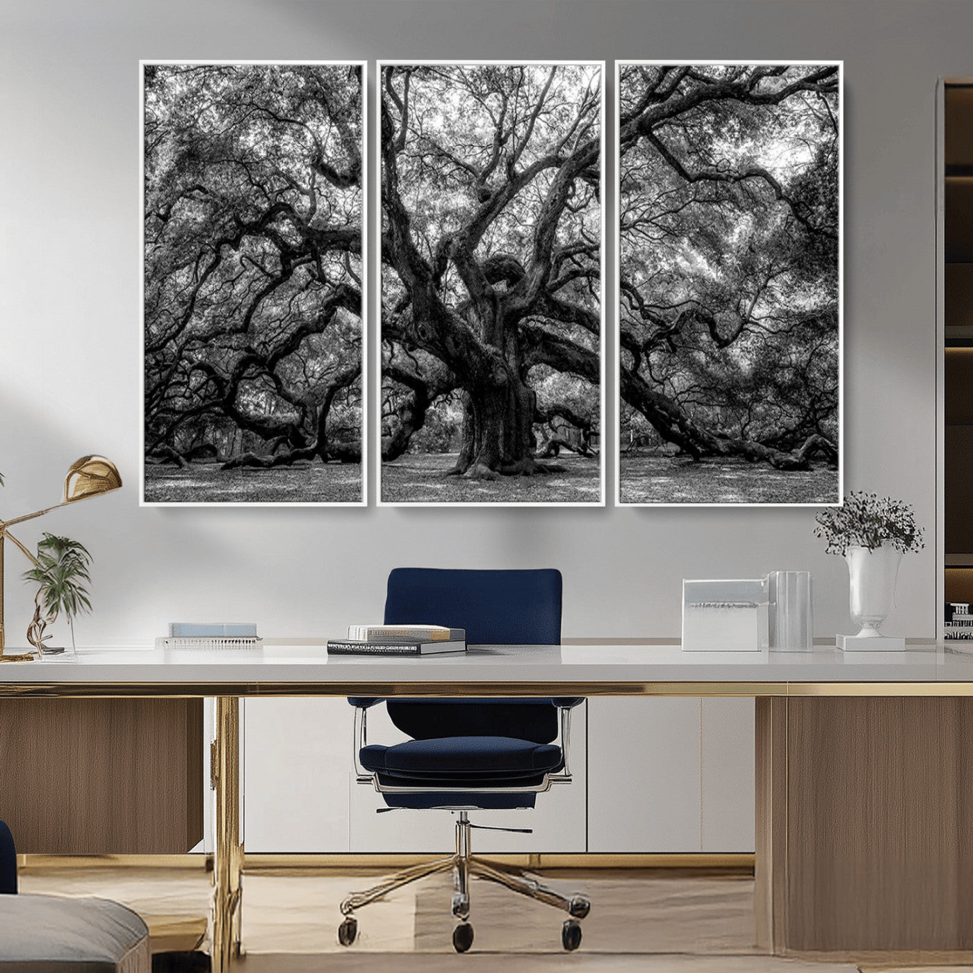 132944706-MGV-CV-36X24-Ancient Tree Wall Art – Black and White Photography Canvas Print Featuring Majestic Twisting Branches, Rustic Nature Artwork for