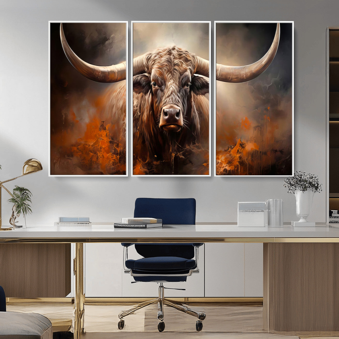 240479-MGV-CV-36X24-Longhorn Bull Wall Art – Dramatic Western Canvas Print Featuring Horned Bull with Fiery Background, Rustic Farmhouse Artwork for